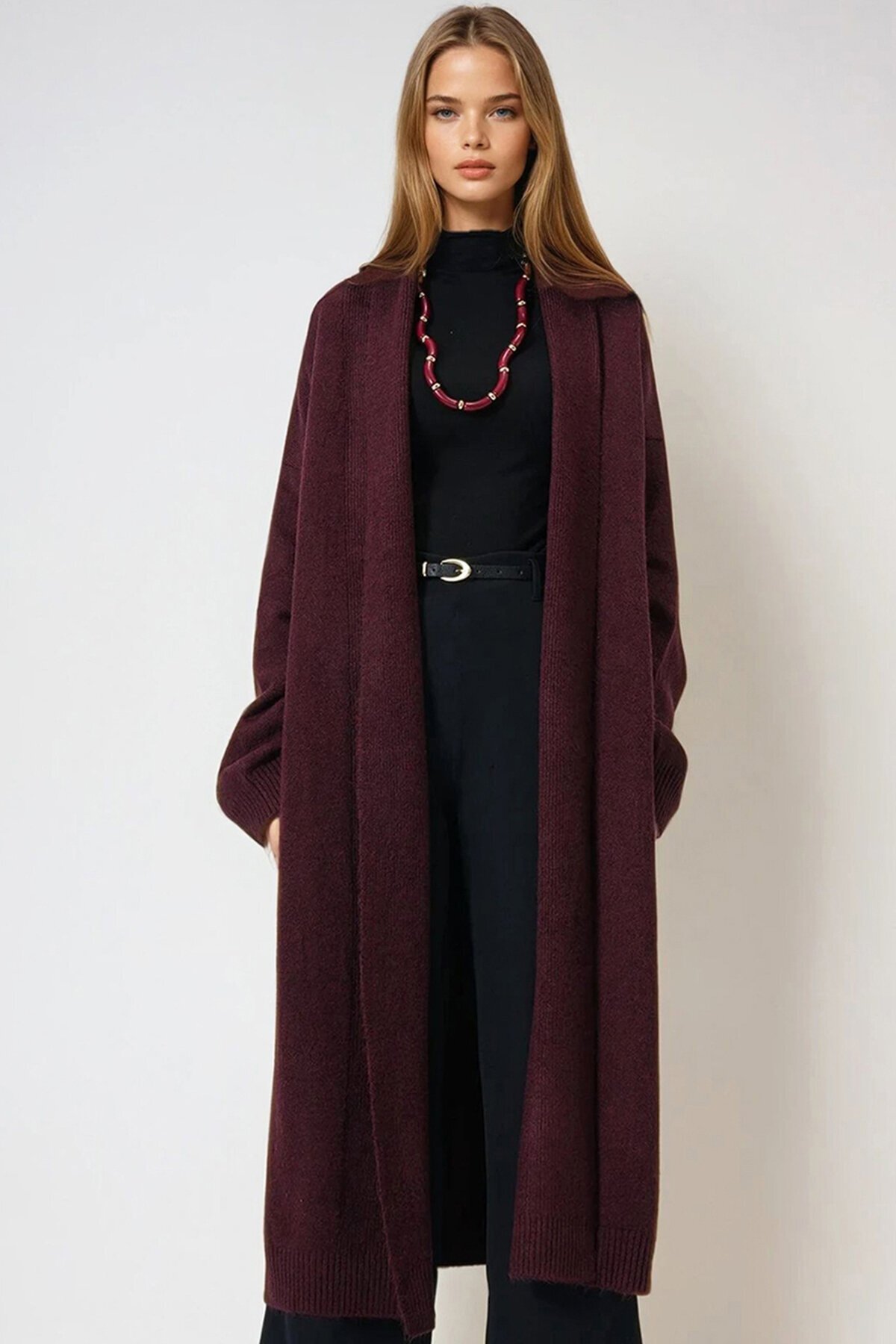 Çift Yaka Uzun Triko Hırka