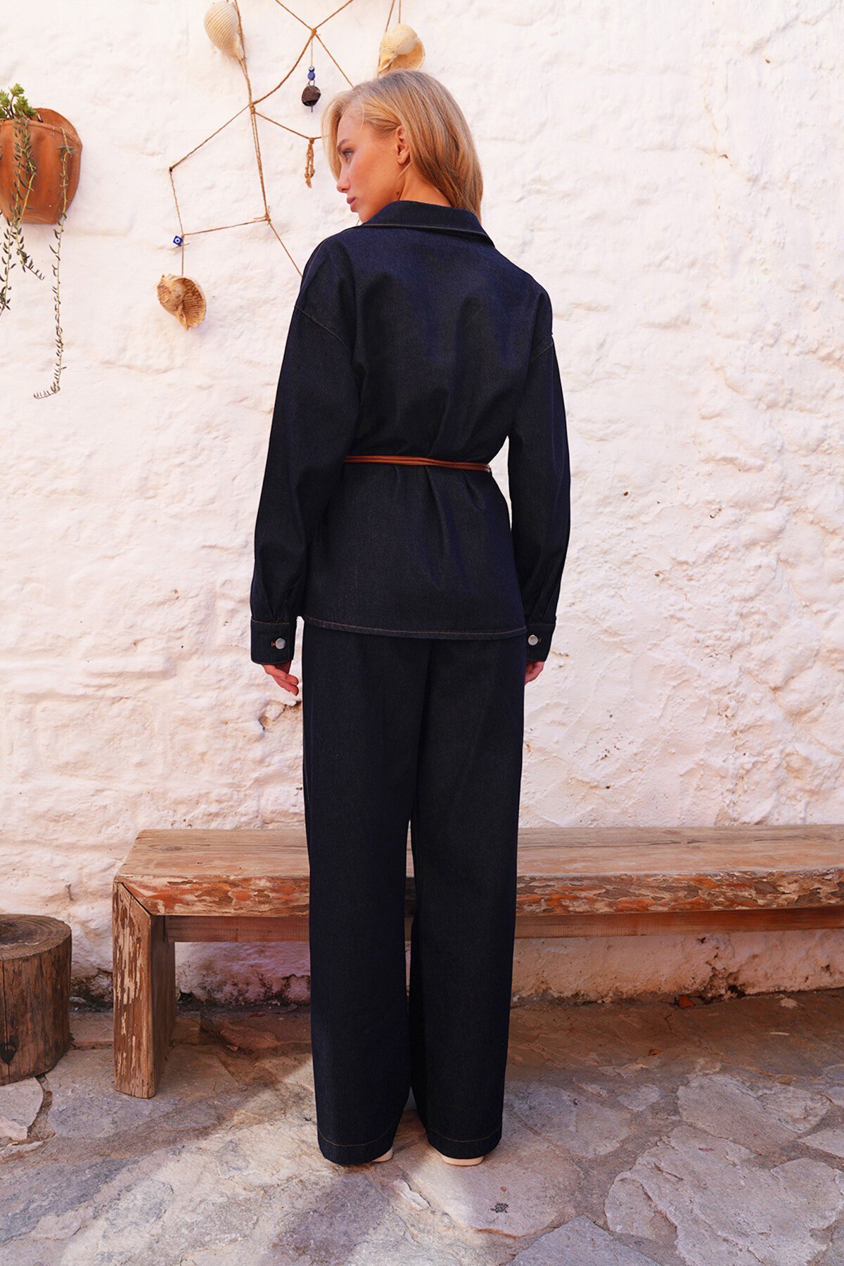 Çıtçıt Kapamalı Deri Kordonlu Jean Ceket Ve Pantolon Takım