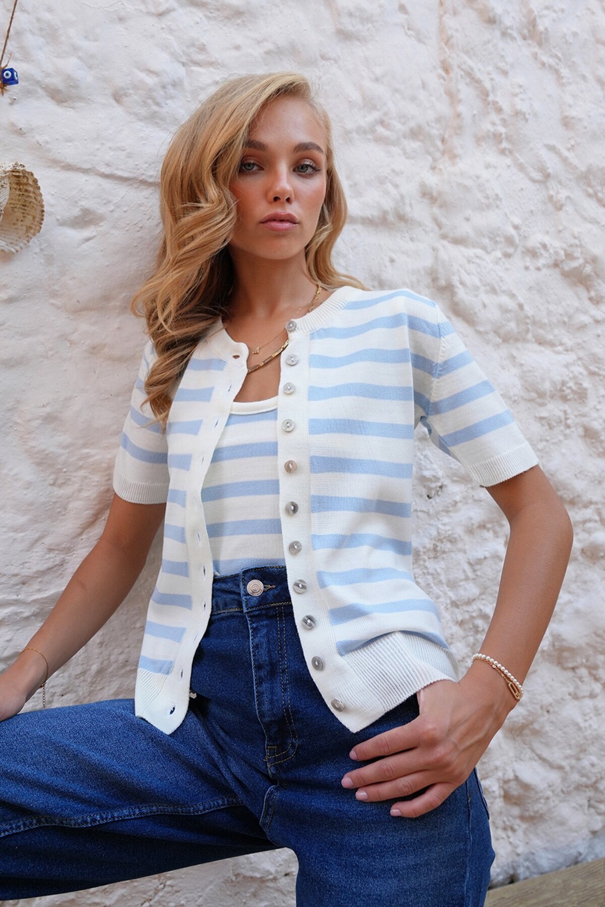 Çizgi Desenli Kolsuz U Yaka Bluz Ve Bisiklet Yaka Yarım Kol Hırka Takım