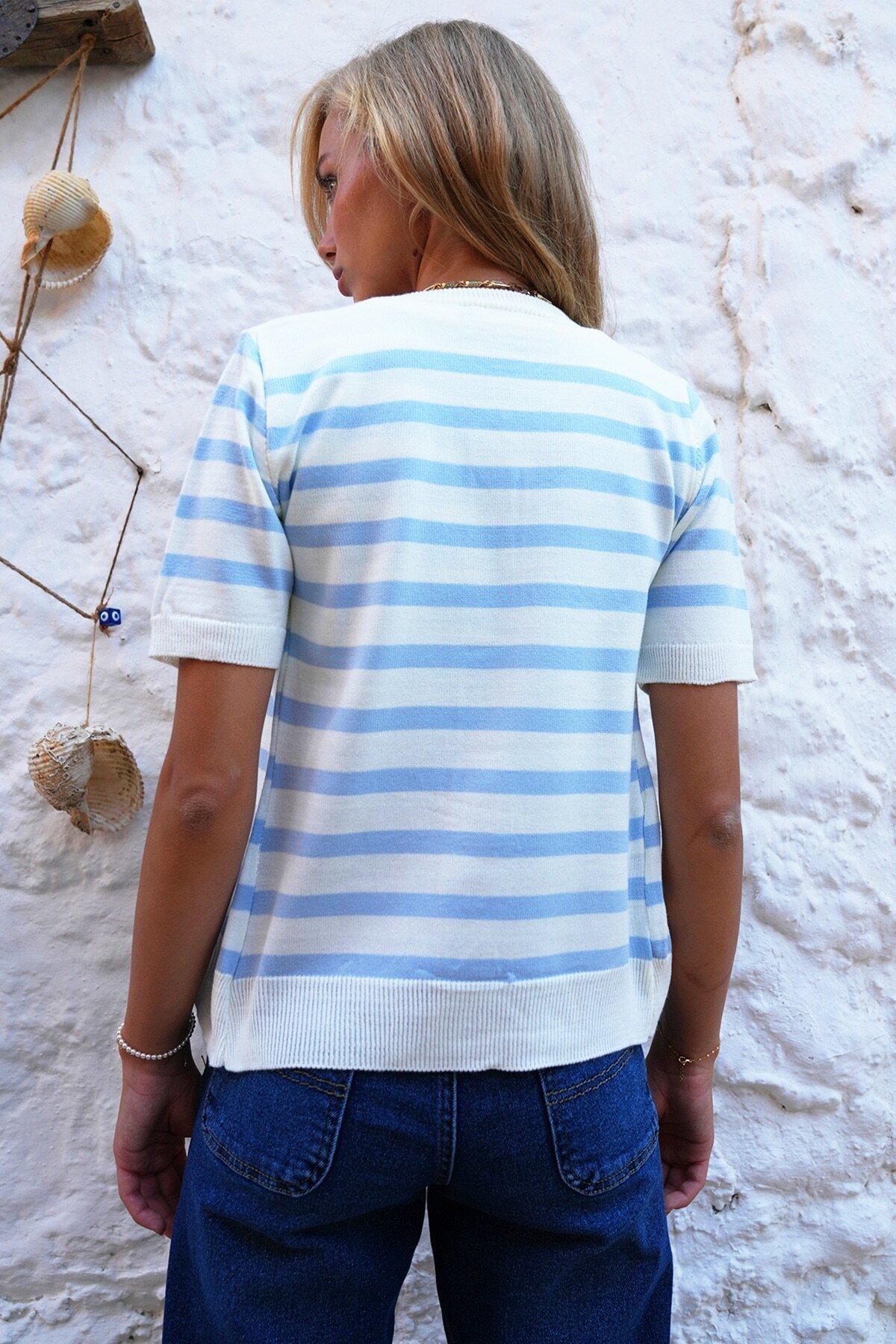 Çizgi Desenli Kolsuz U Yaka Bluz Ve Bisiklet Yaka Yarım Kol Hırka Takım