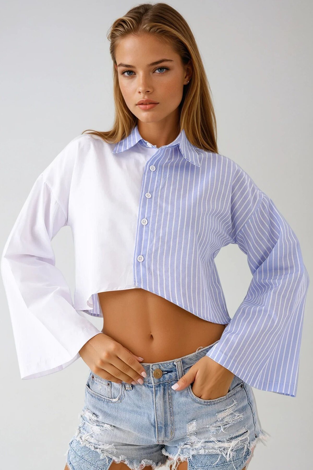 Beyaz Çizgili Geniş Kollu Crop Gömlek
