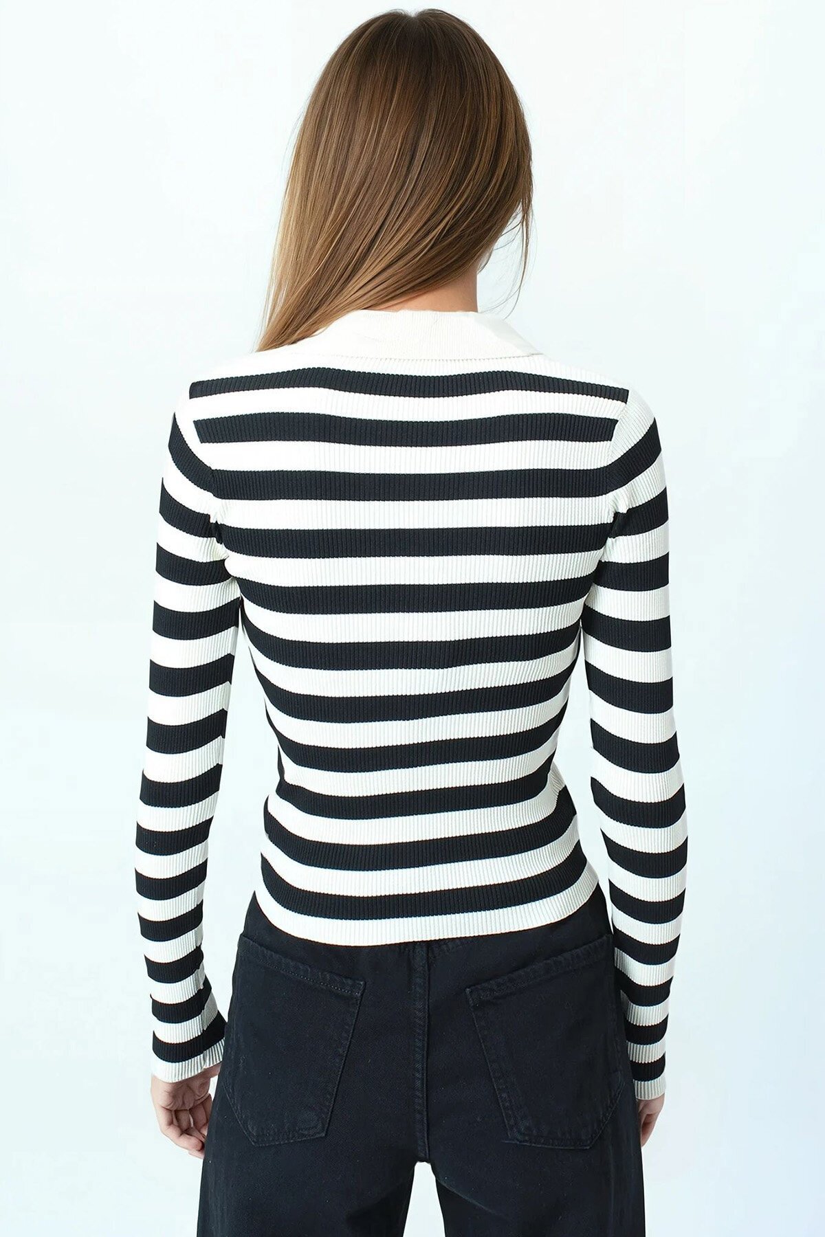 Çizgili Polo Yaka Kısa Kollu Triko Bluz