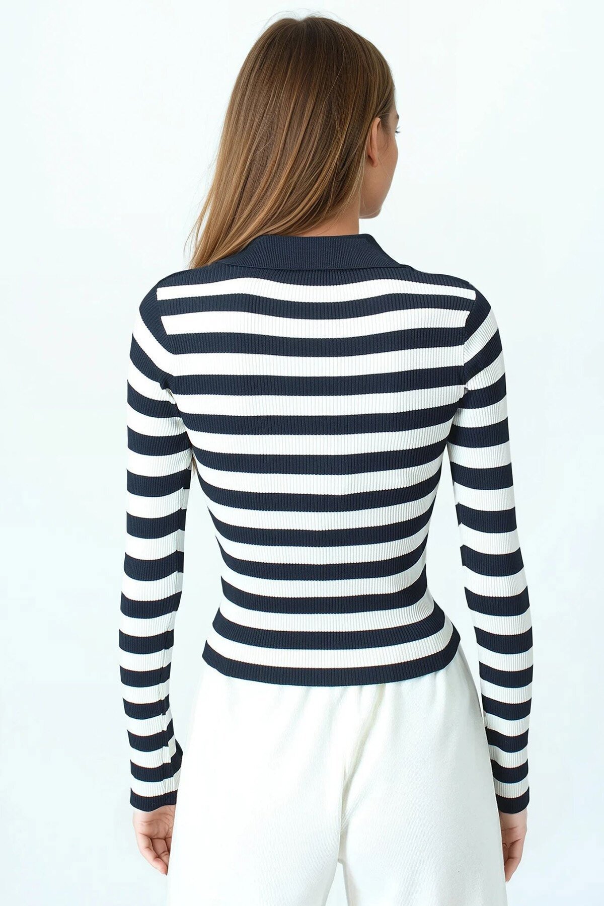 Çizgili Polo Yaka Kısa Kollu Triko Bluz