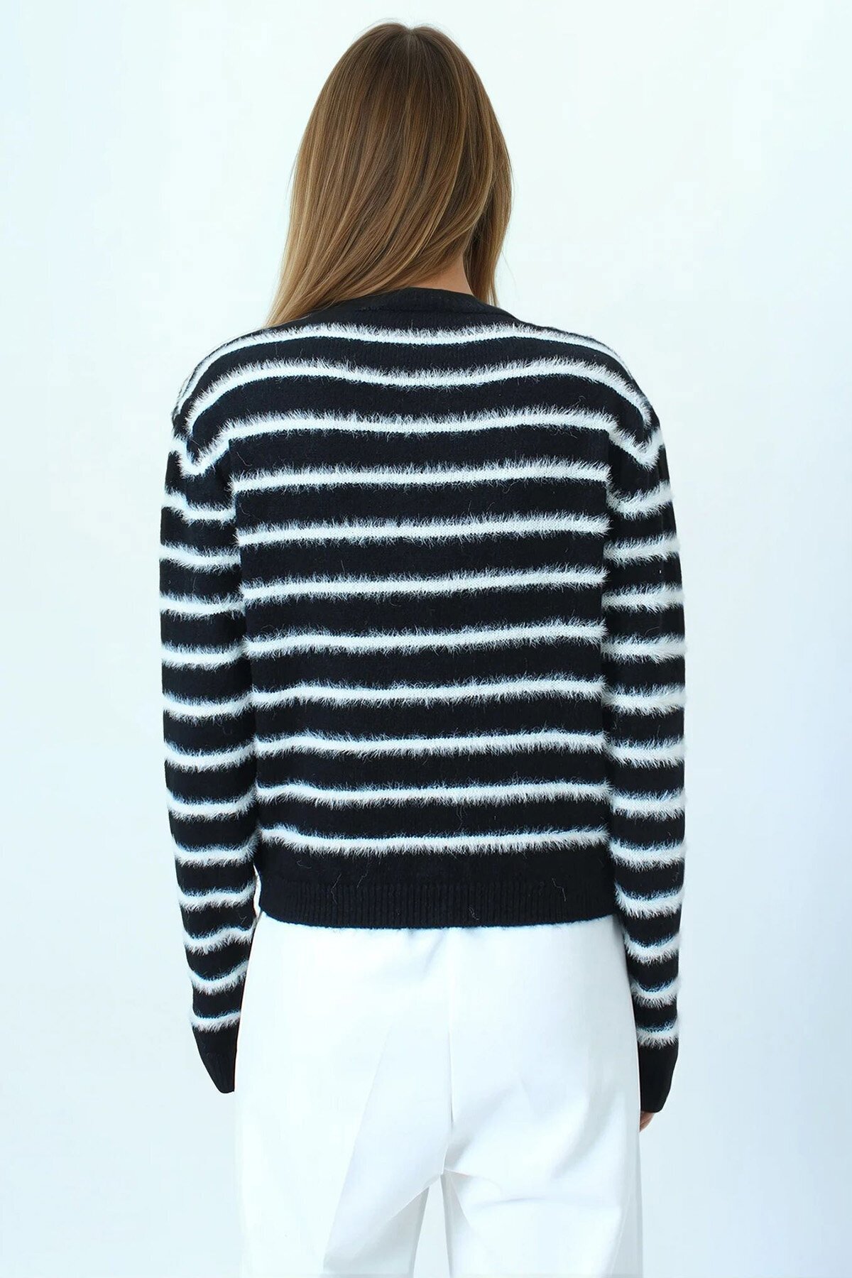 Çizgili Tüylü Dokulu Bisiklet Yaka Triko Kazak