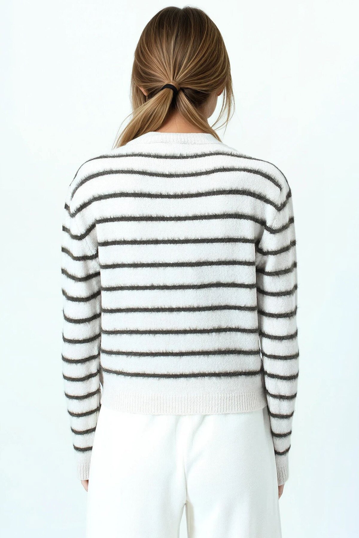 Çizgili Tüylü Dokulu Bisiklet Yaka Triko Kazak