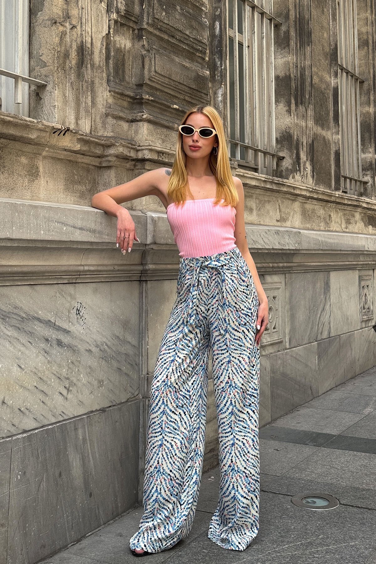 Mavi Desenli Beli Lastikli Kuşaklı Palazzo Bol Paça Pantolon