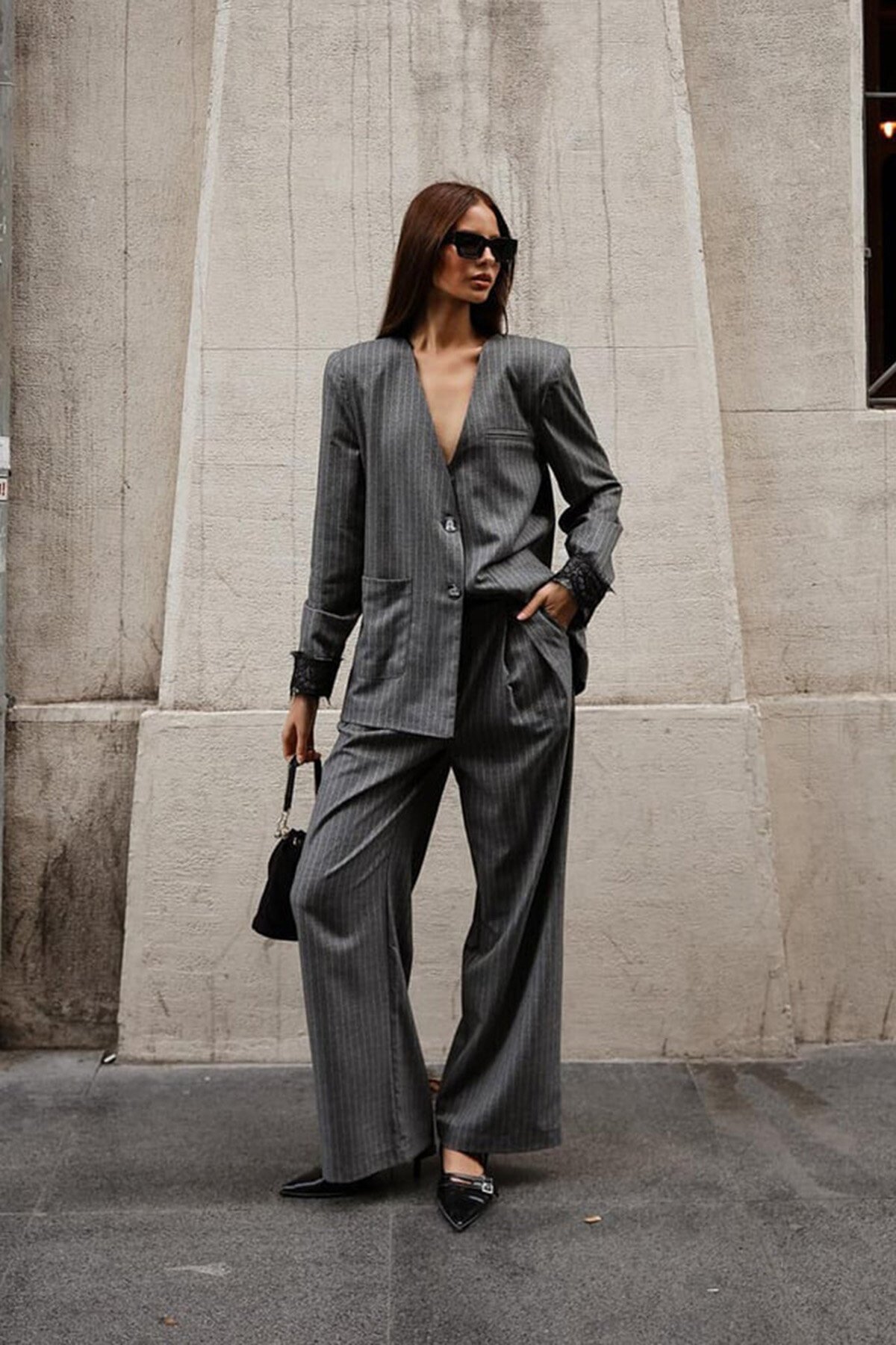 Düğme Kapamalı Dantel Detaylı Çizgili Palazzo Pantolon