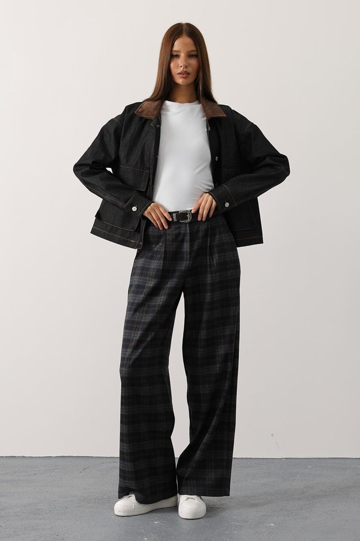 Ekose Desenli Kemerli Palazzo Pantolon