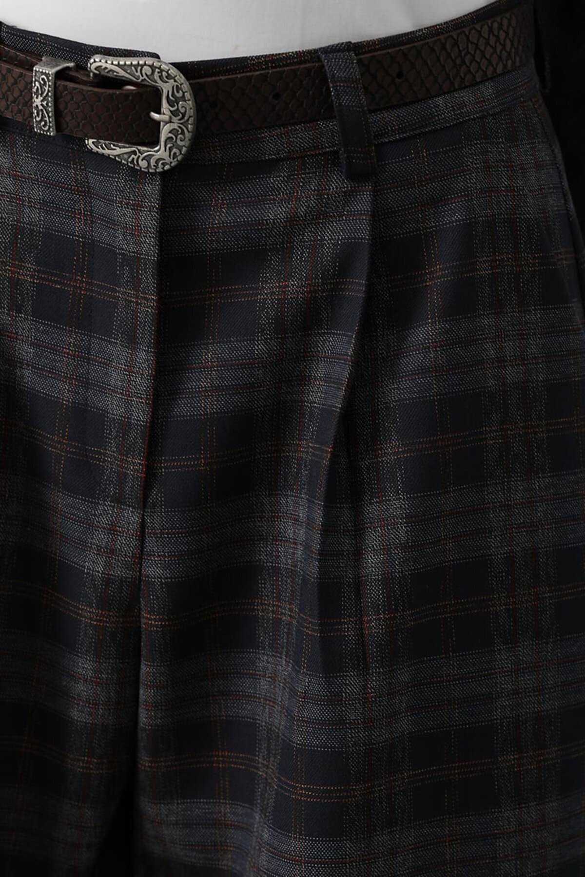 Ekose Desenli Kemerli Palazzo Pantolon