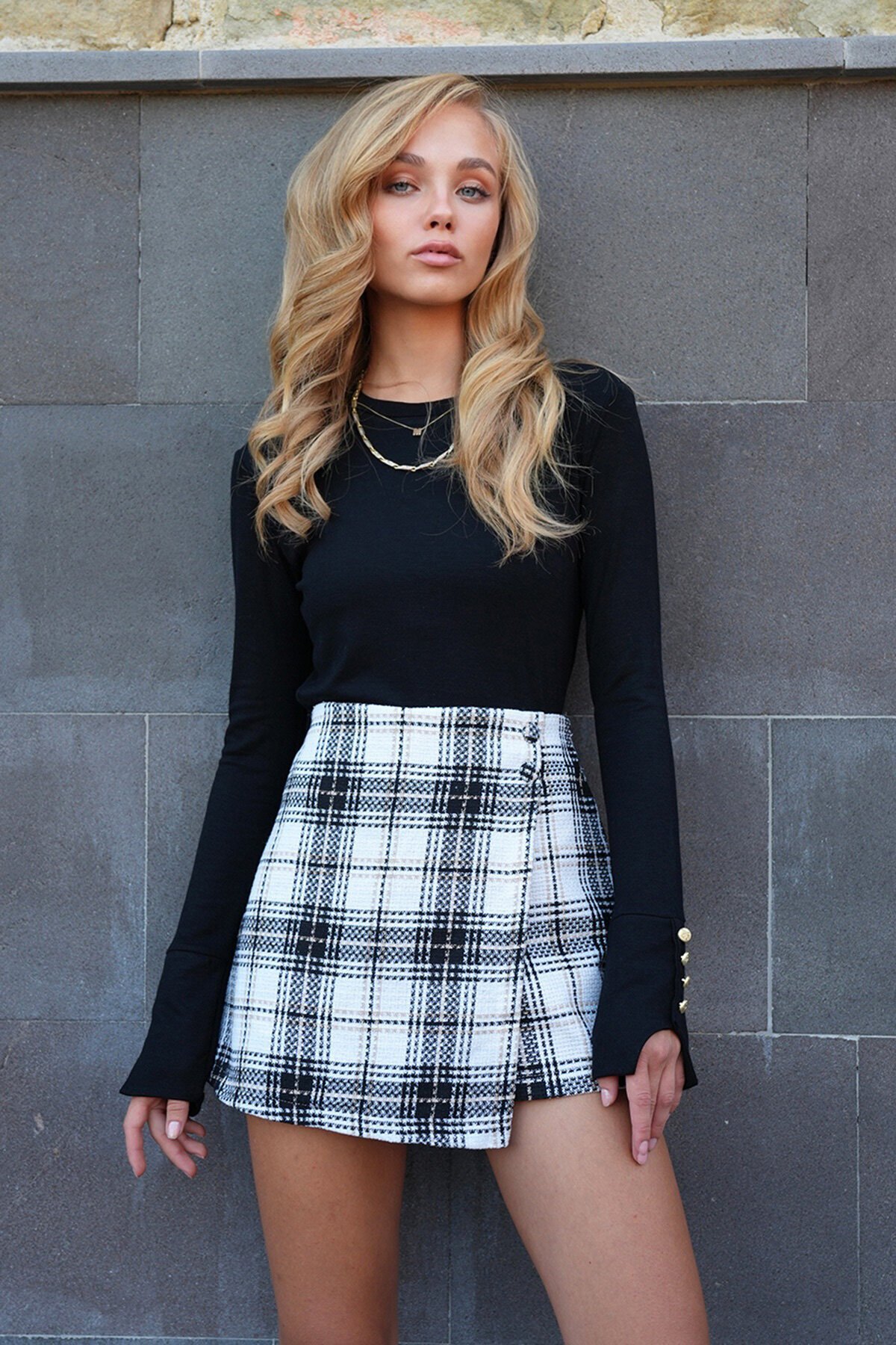 Ekose Desenli Tweed Şort Etek