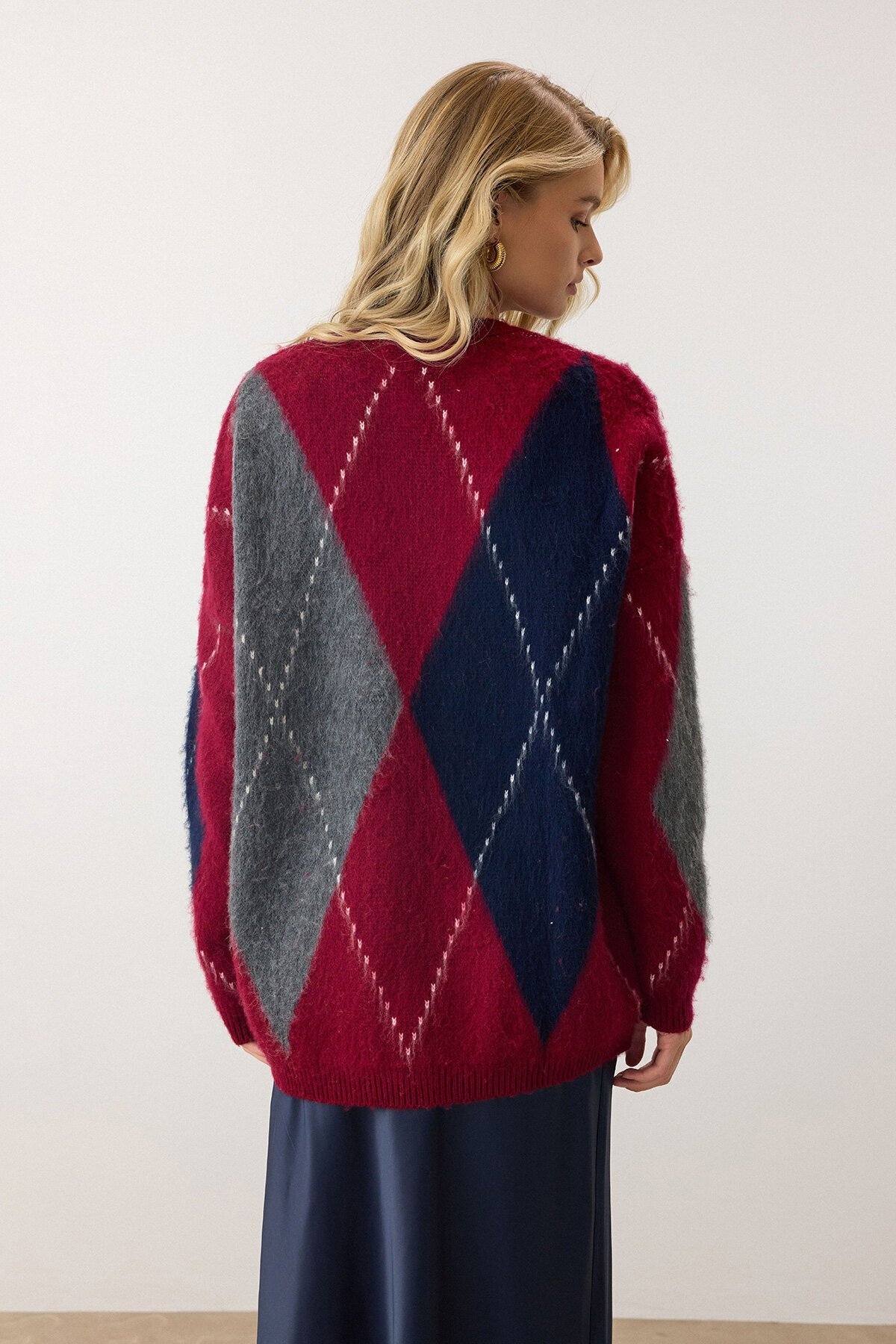 Bordo Ekose Desenli Yumuşak Dokulu Oversize Triko Kazak