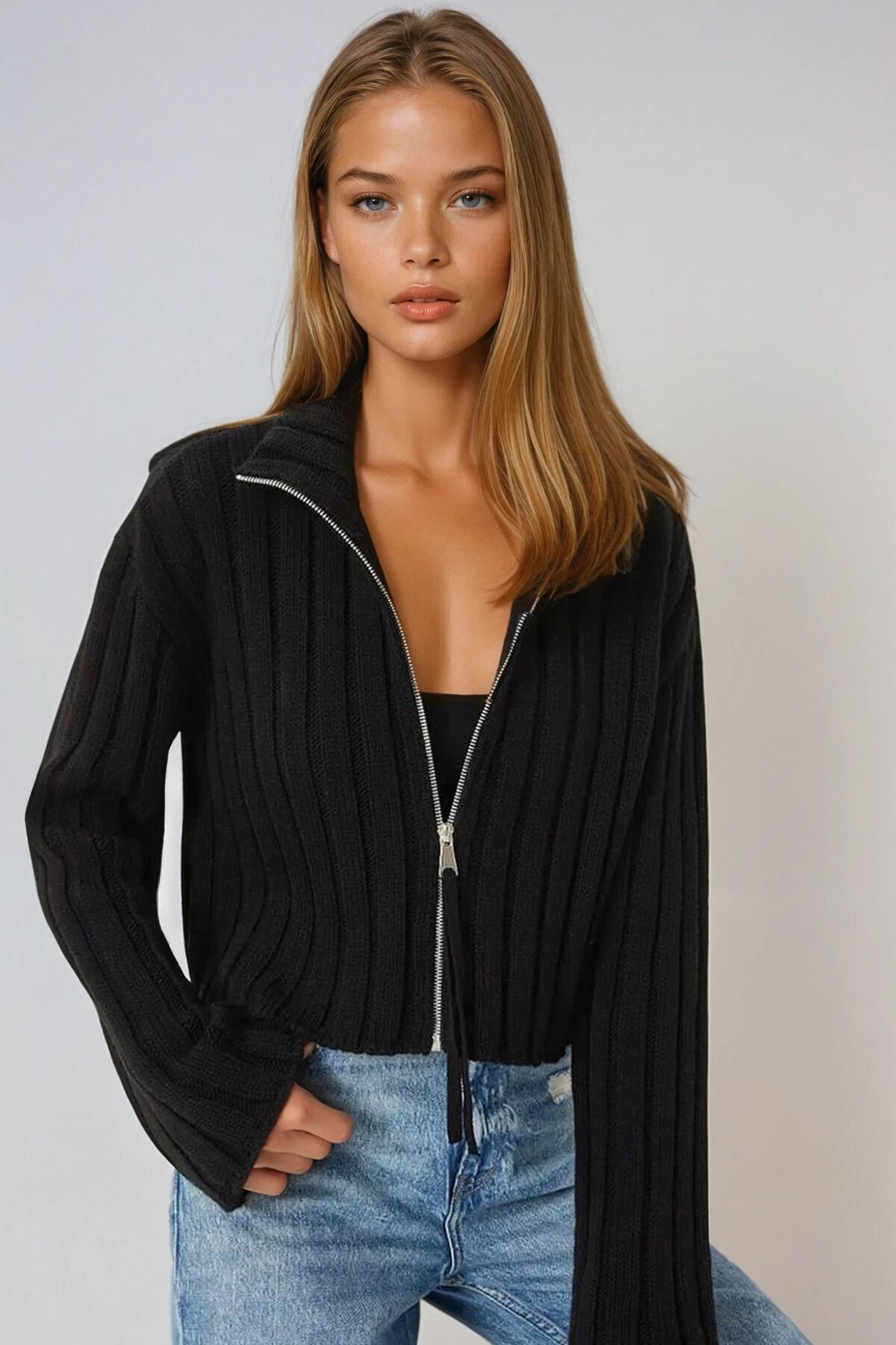 Fitilli Fermuarlı Yarım Dik Yaka Crop Triko Hırka