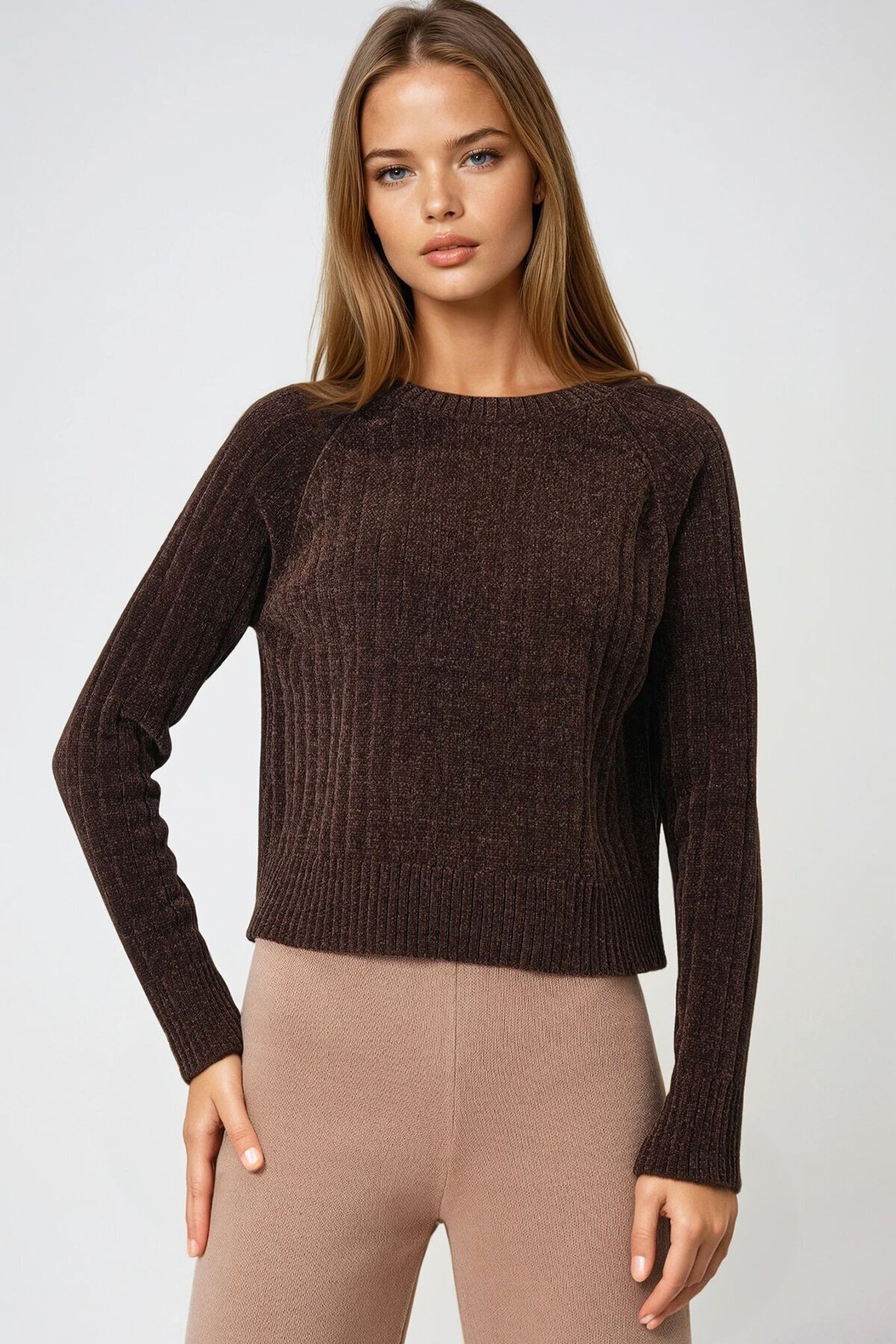 Fitilli Kadife Dokulu Bisiklet Yaka Uzun Kollu Triko Kazak