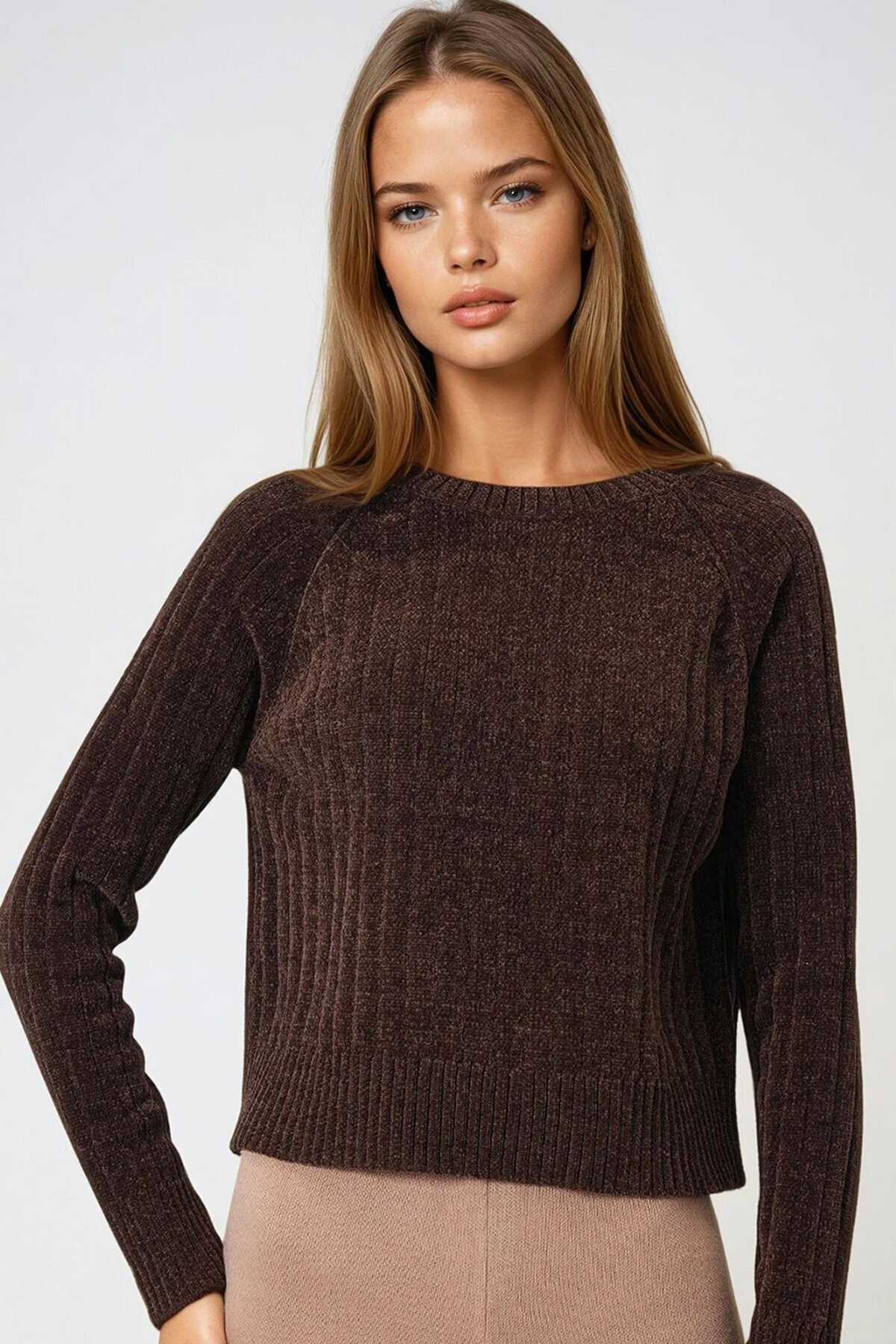 Fitilli Kadife Dokulu Bisiklet Yaka Uzun Kollu Triko Kazak