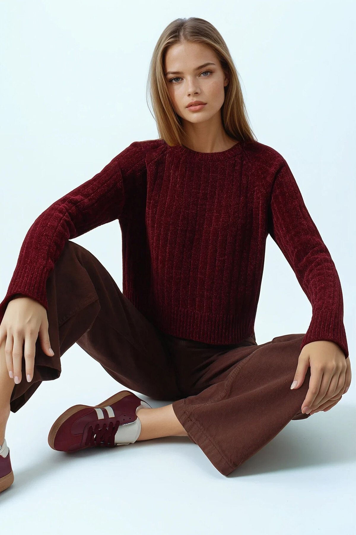 Fitilli Kadife Dokulu Bisiklet Yaka Uzun Kollu Triko Kazak