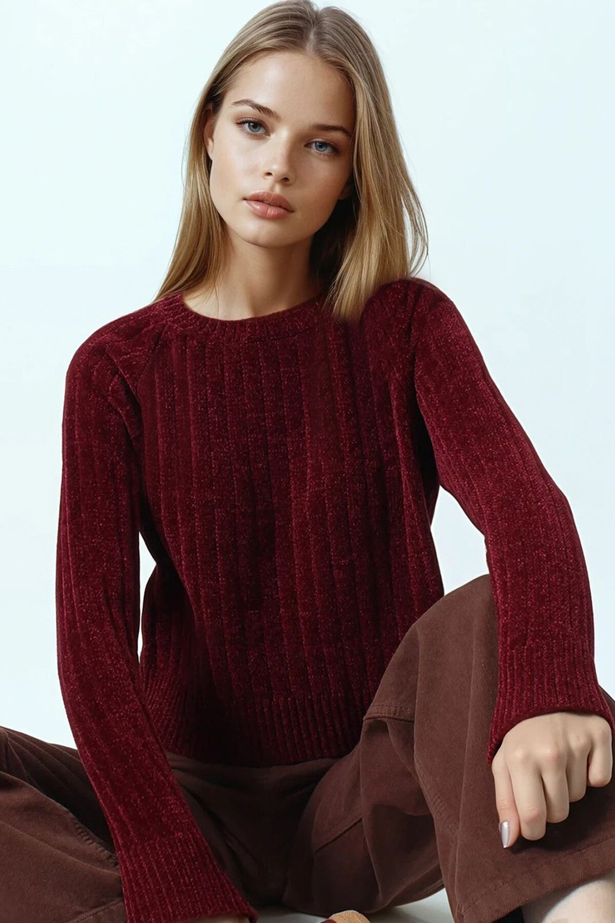 Fitilli Kadife Dokulu Bisiklet Yaka Uzun Kollu Triko Kazak