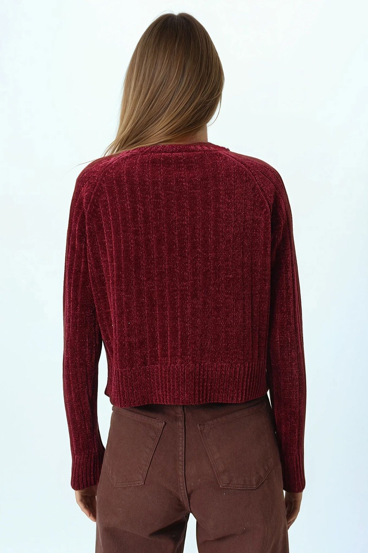 Fitilli Kadife Dokulu Bisiklet Yaka Uzun Kollu Triko Kazak