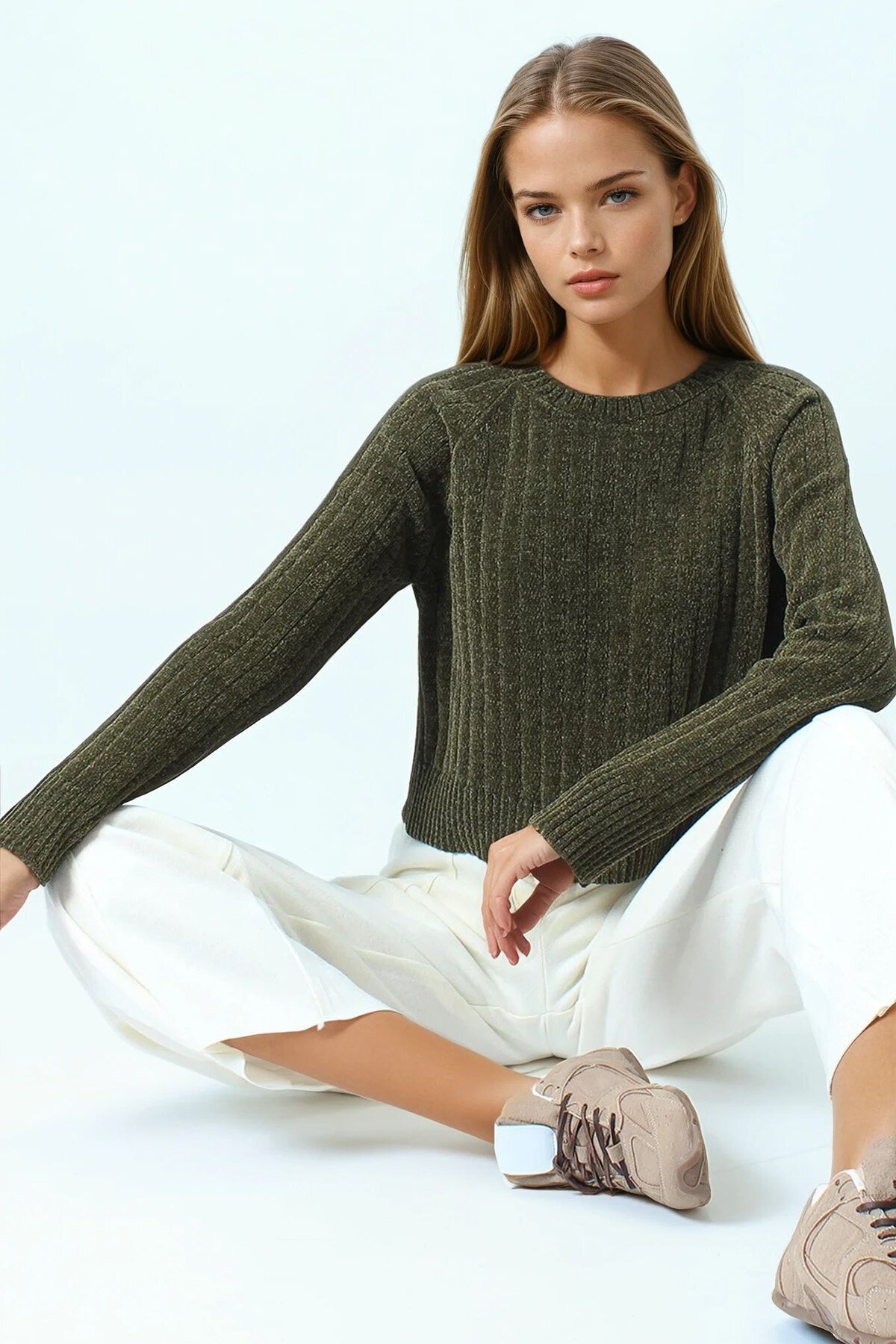 Fitilli Kadife Dokulu Bisiklet Yaka Uzun Kollu Triko Kazak