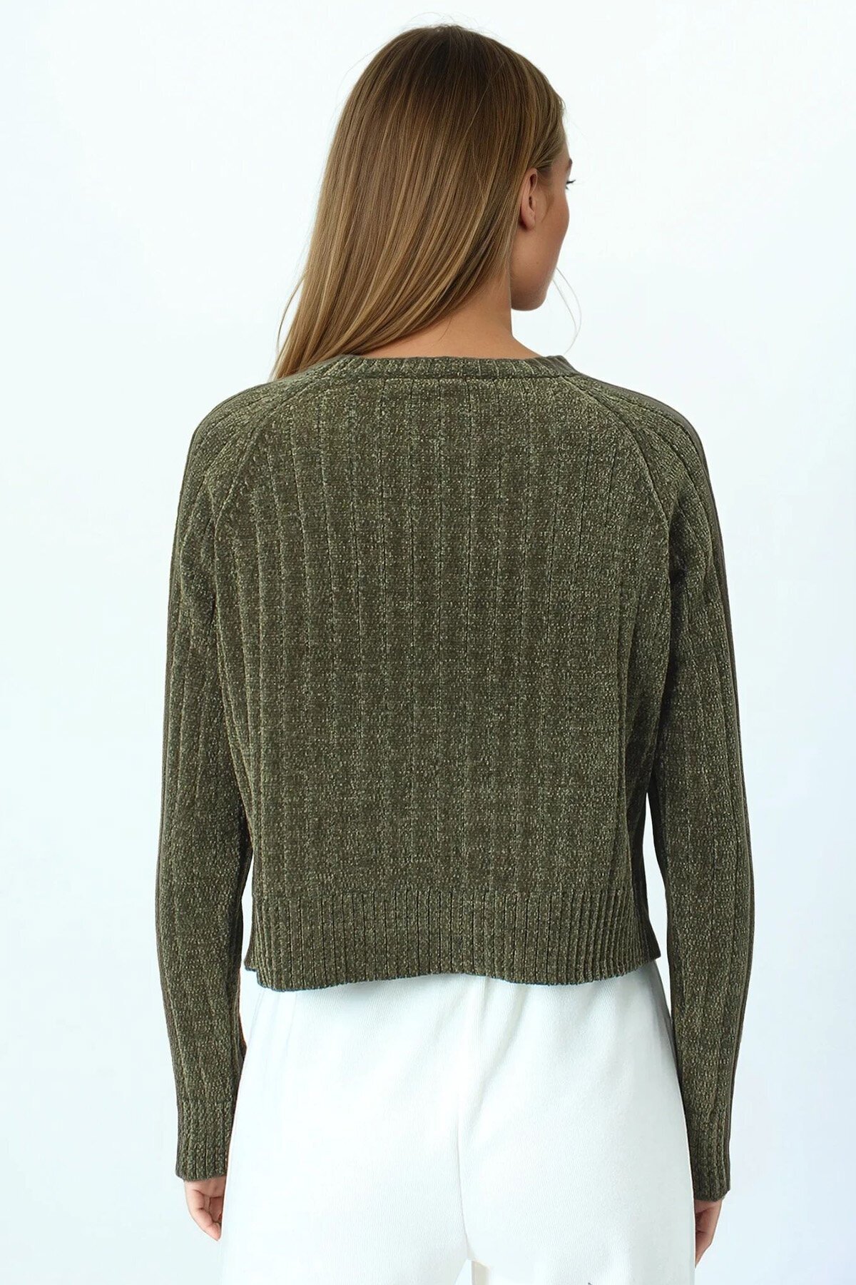 Fitilli Kadife Dokulu Bisiklet Yaka Uzun Kollu Triko Kazak