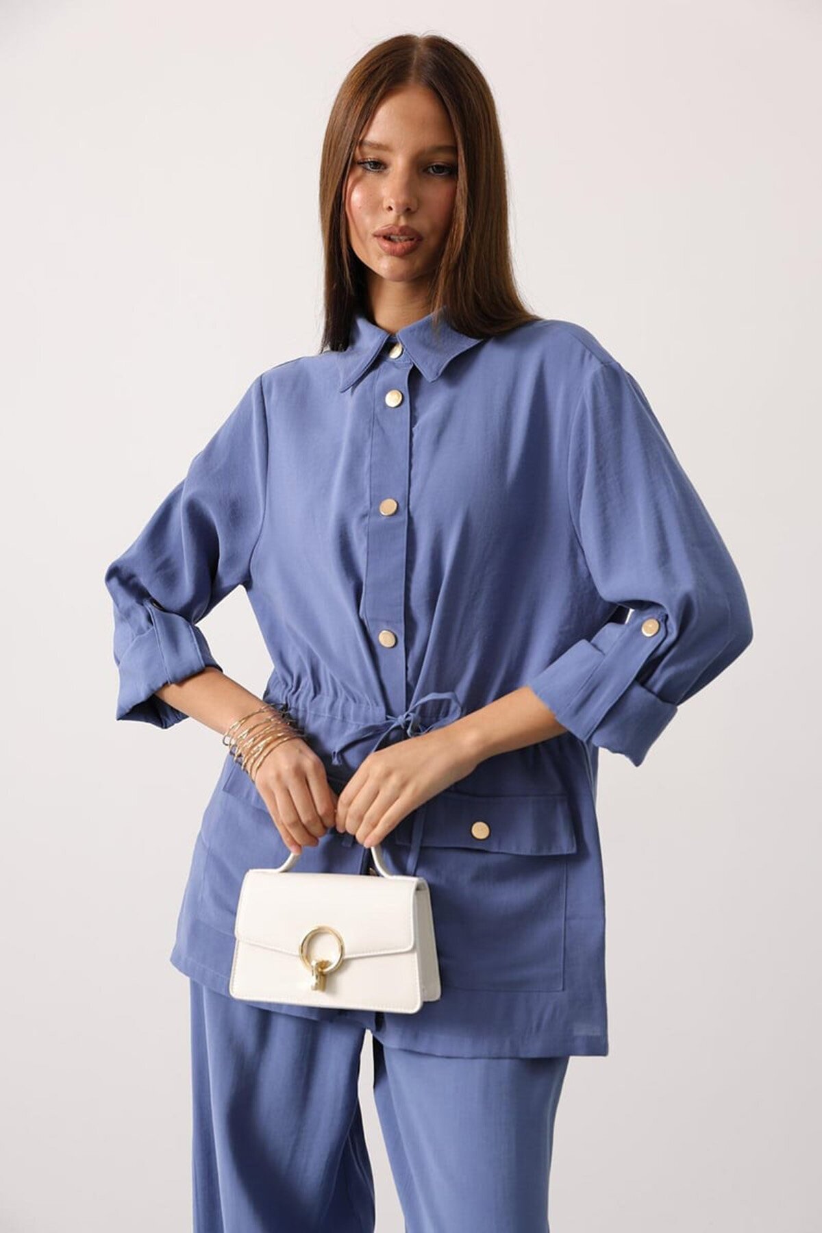 Gold Düğme Detaylı Gömlek Bluz Ve Palazzo Pantolon Takım