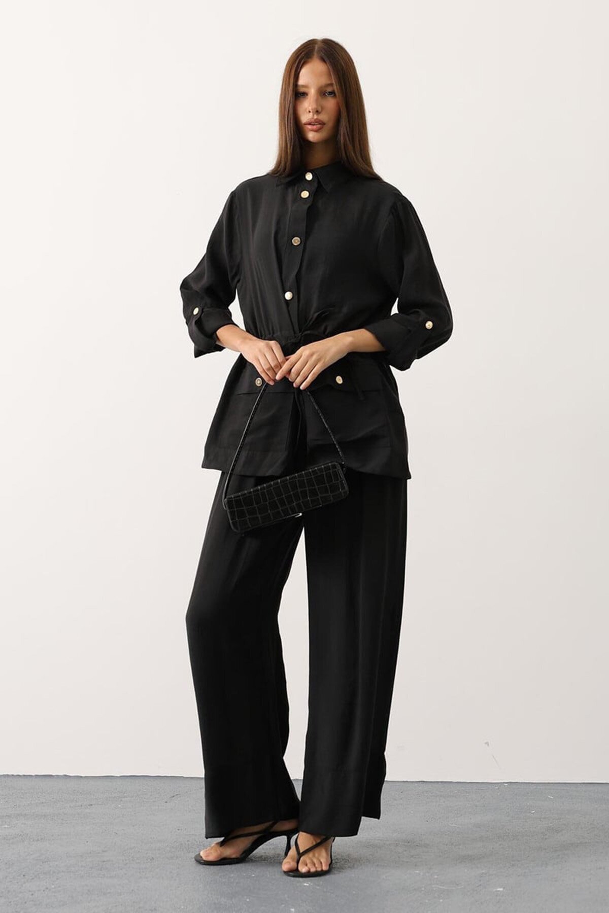 Gold Düğme Detaylı Gömlek Bluz Ve Palazzo Pantolon Takım