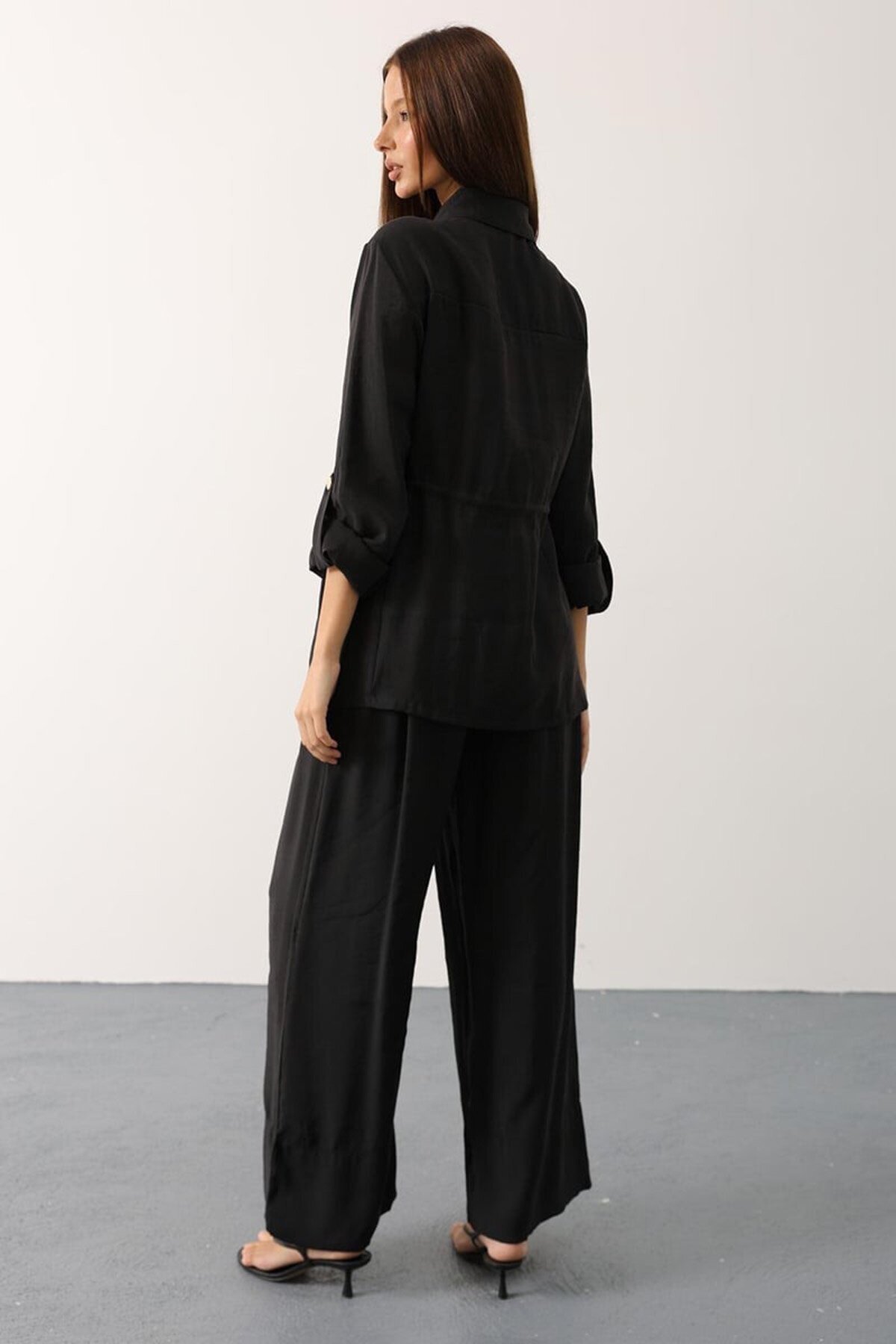 Gold Düğme Detaylı Gömlek Bluz Ve Palazzo Pantolon Takım