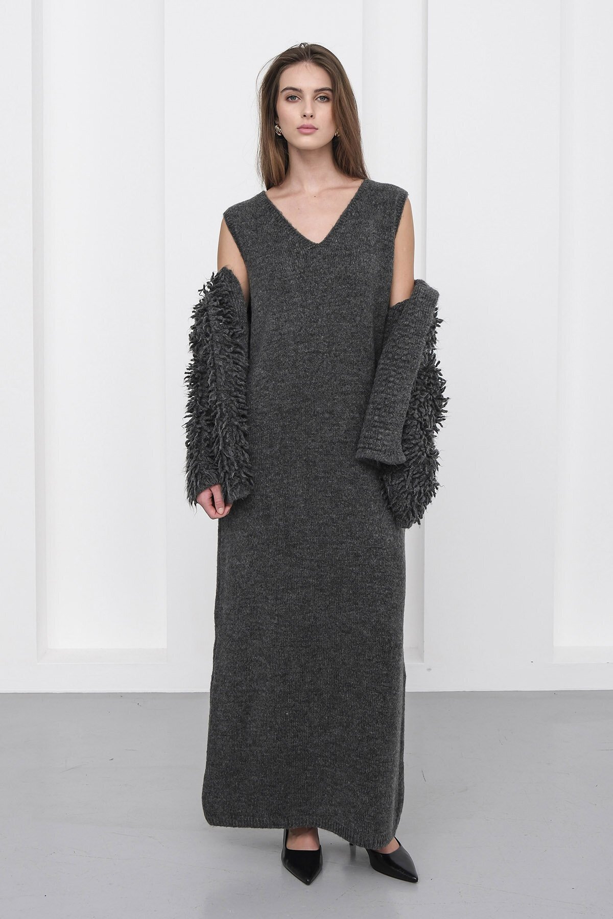 Gold Düğmeli Shaggy Hırka