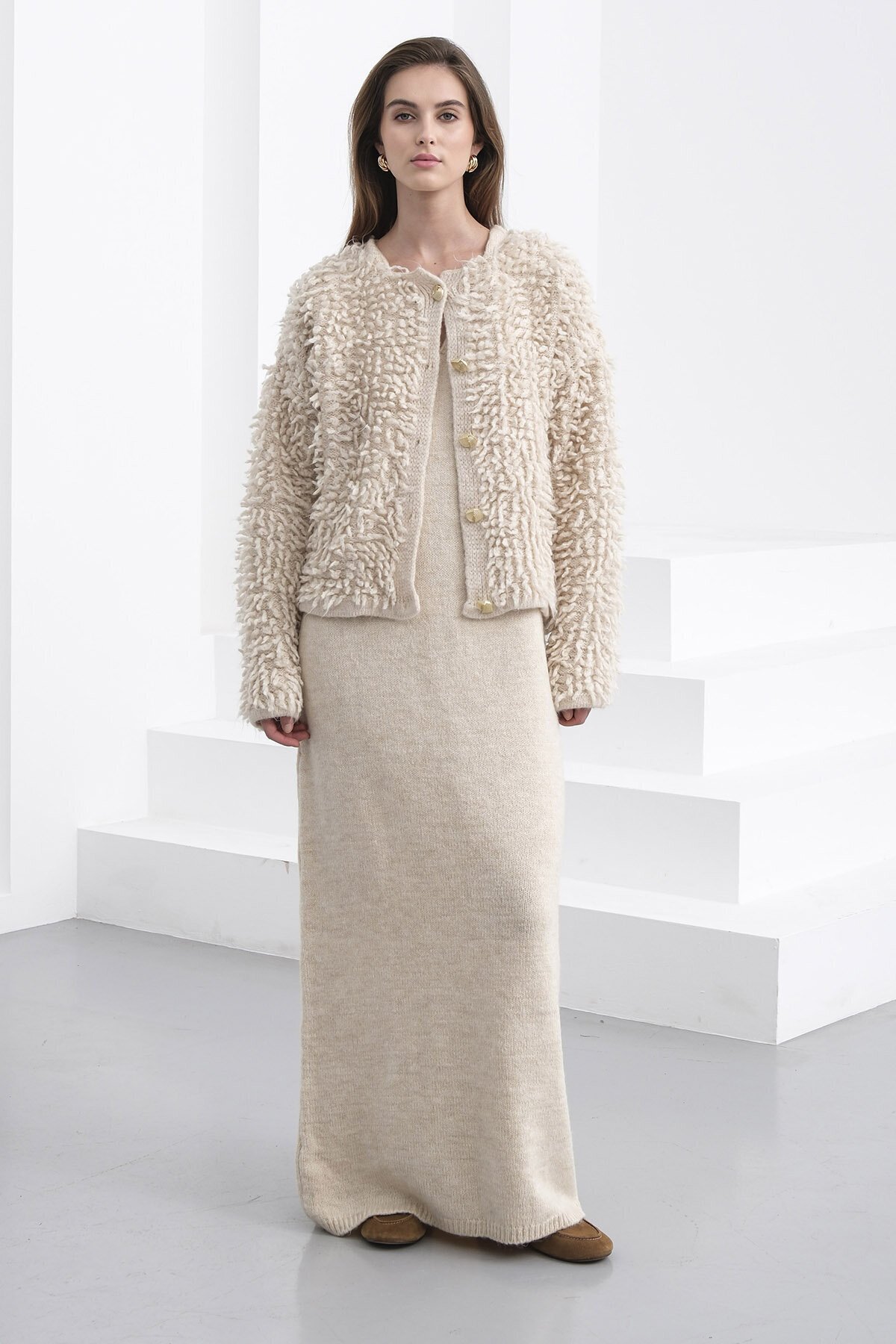 Gold Düğmeli Shaggy Hırka