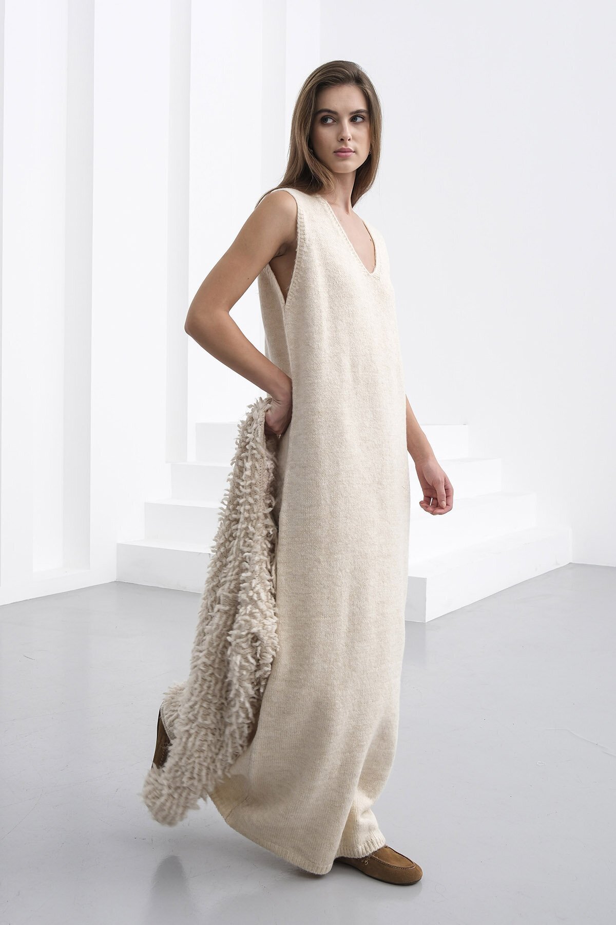 Gold Düğmeli Shaggy Hırka