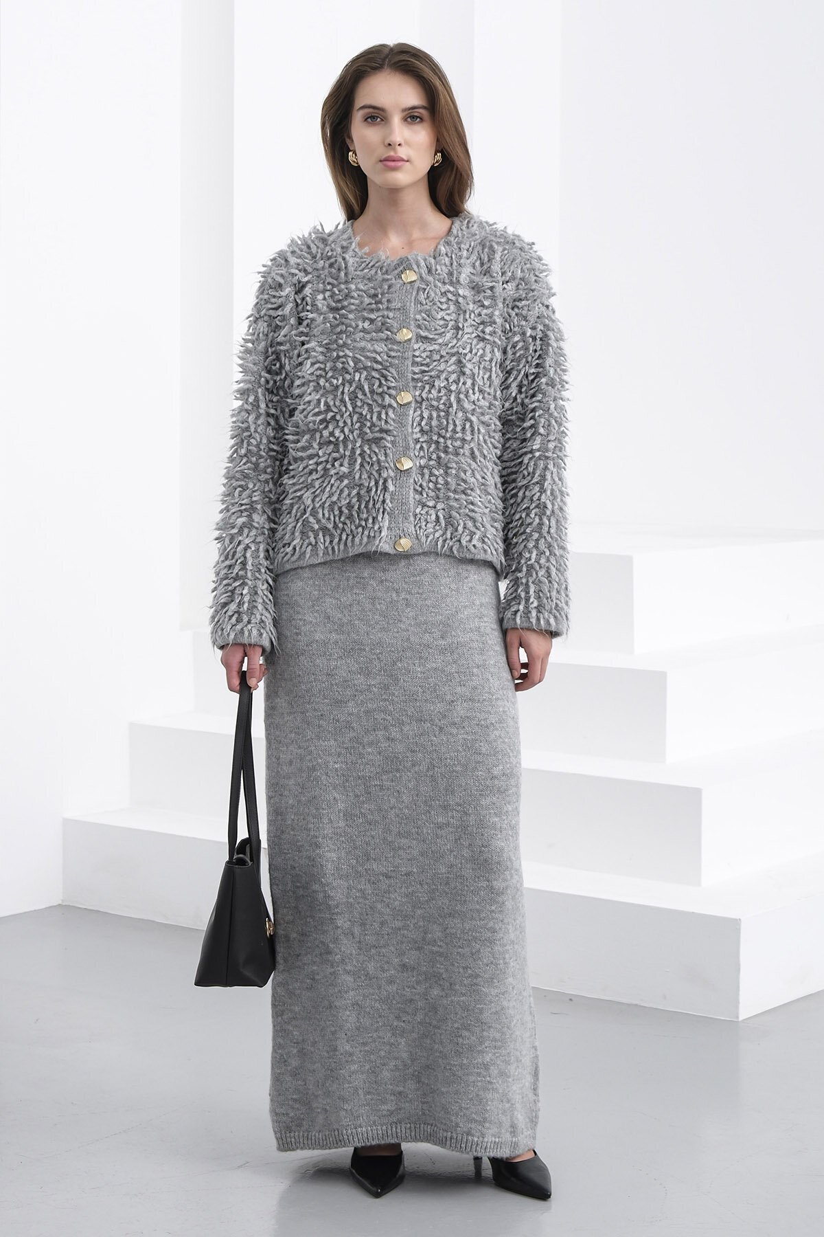 Gold Düğmeli Shaggy Hırka