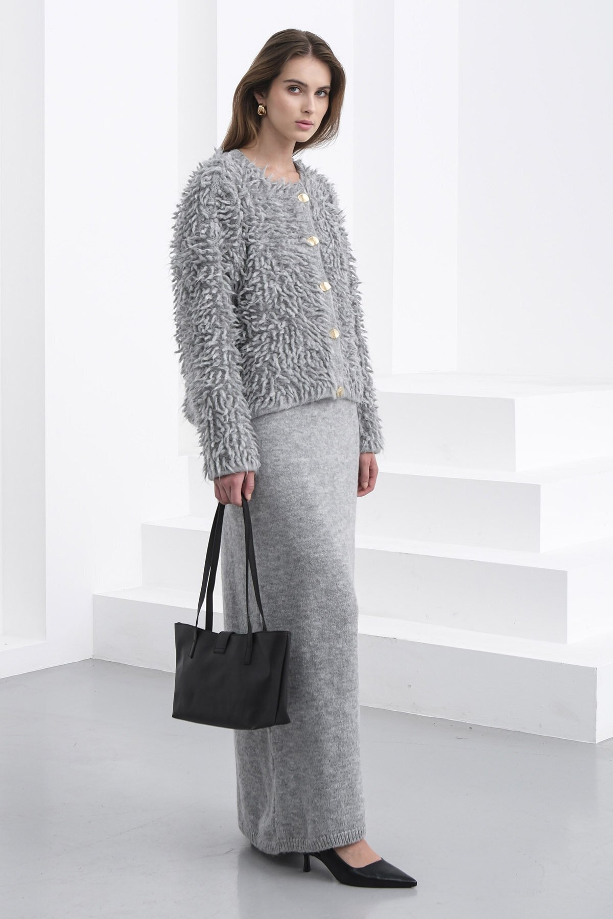 Gold Düğmeli Shaggy Hırka