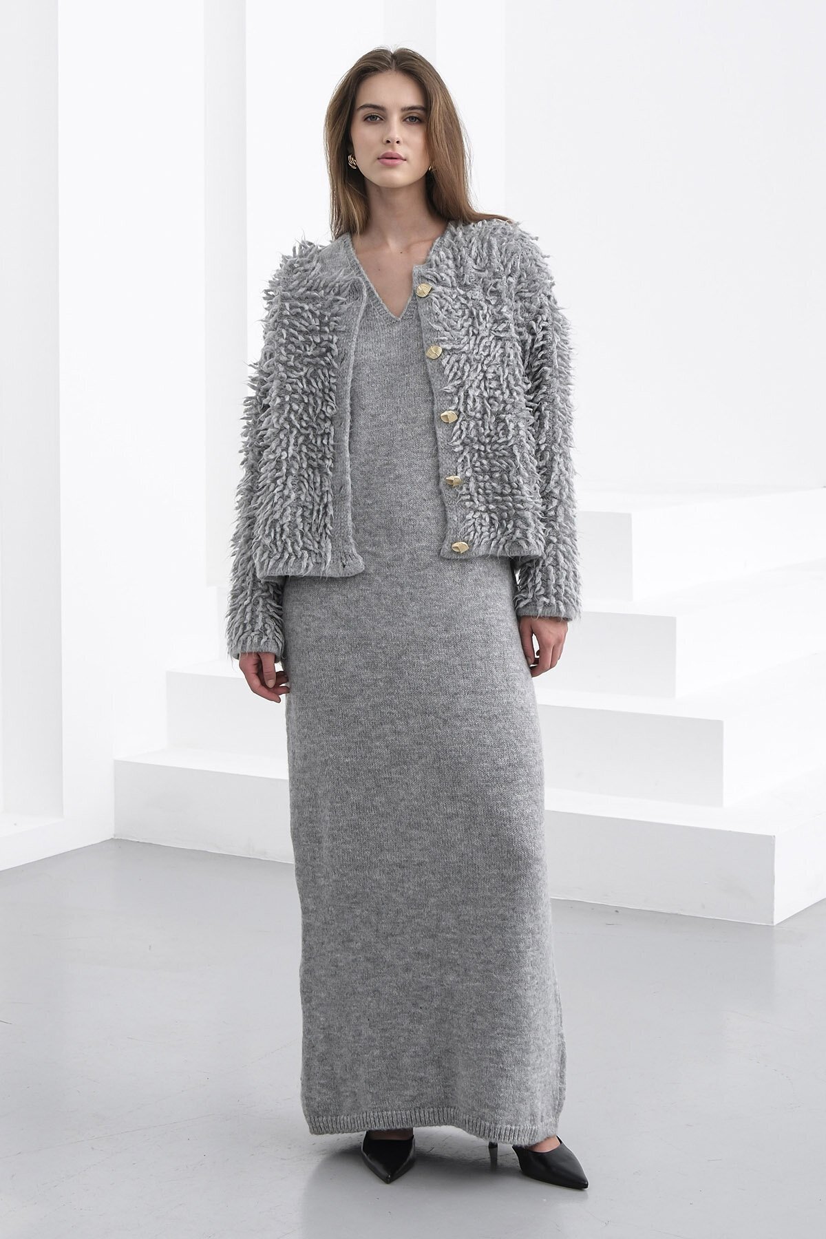 Gold Düğmeli Shaggy Hırka