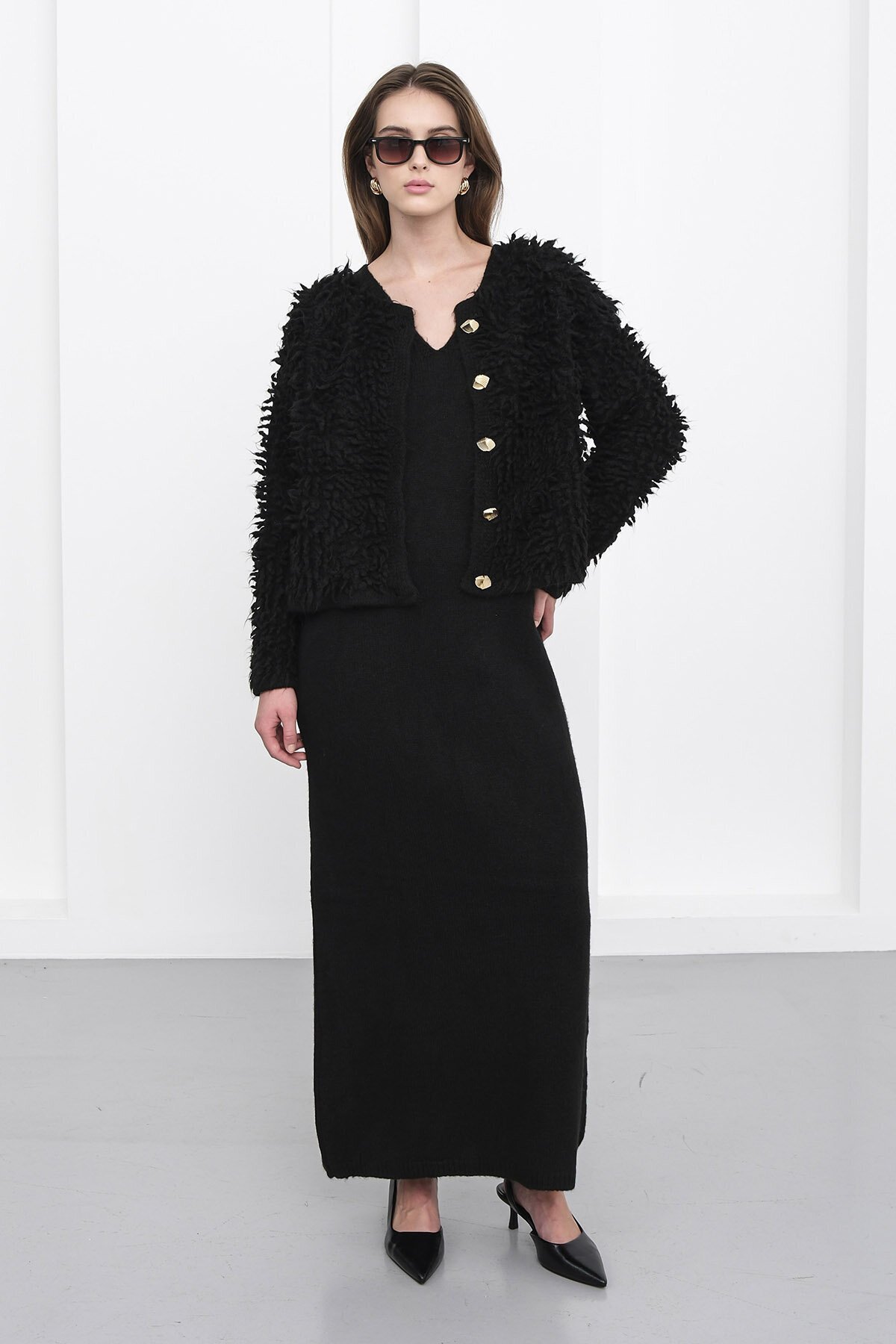 Gold Düğmeli Shaggy Hırka