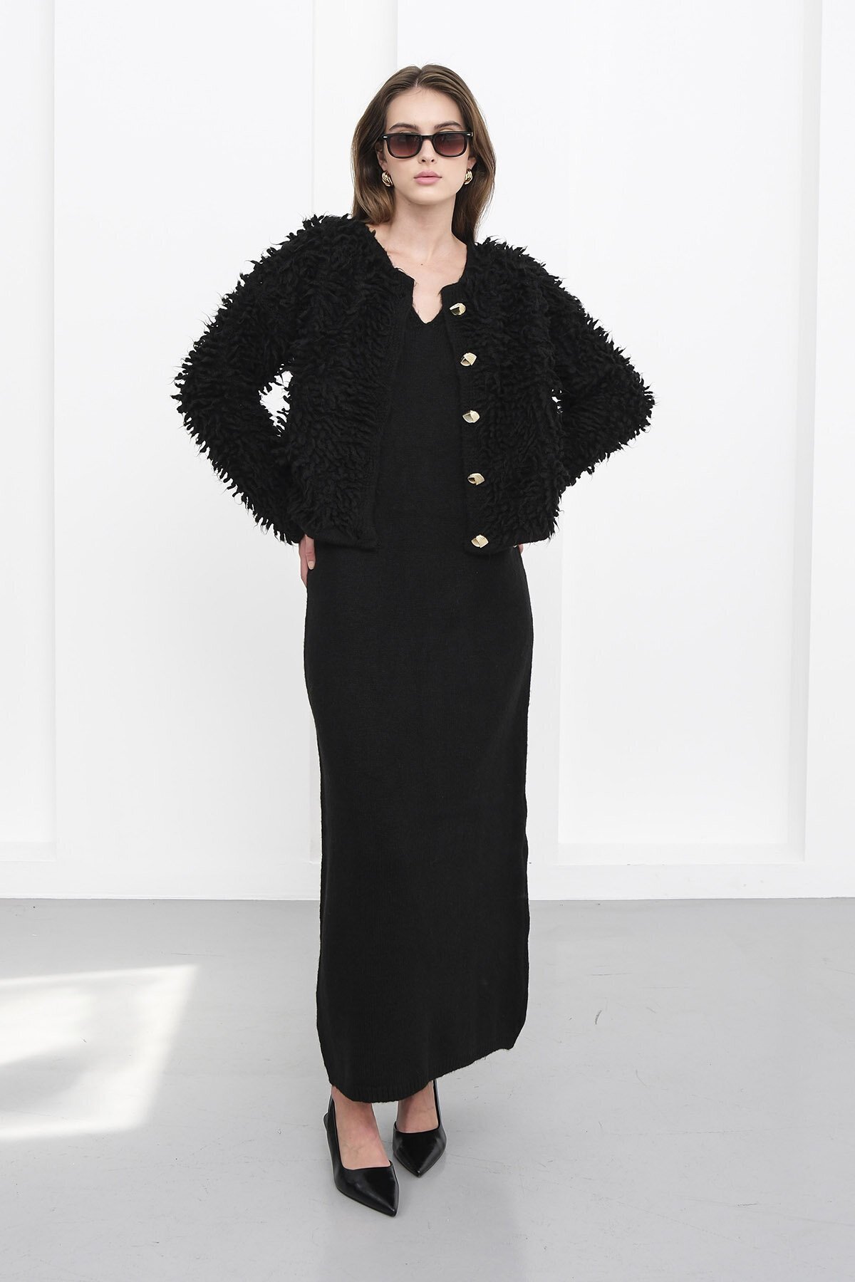 Gold Düğmeli Shaggy Hırka