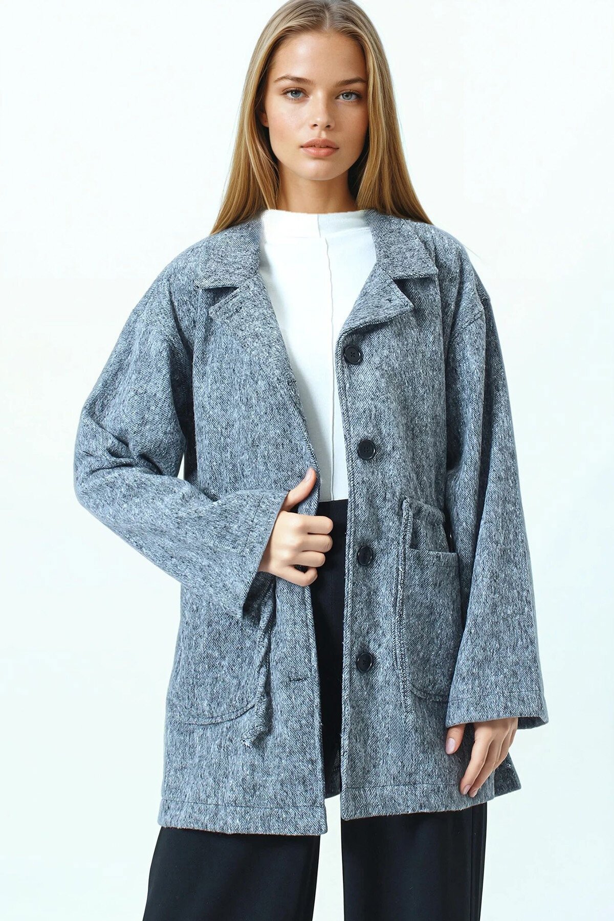 Gömlek Yaka Cep Detaylı Büzgü İpli Düğmeli Hırka