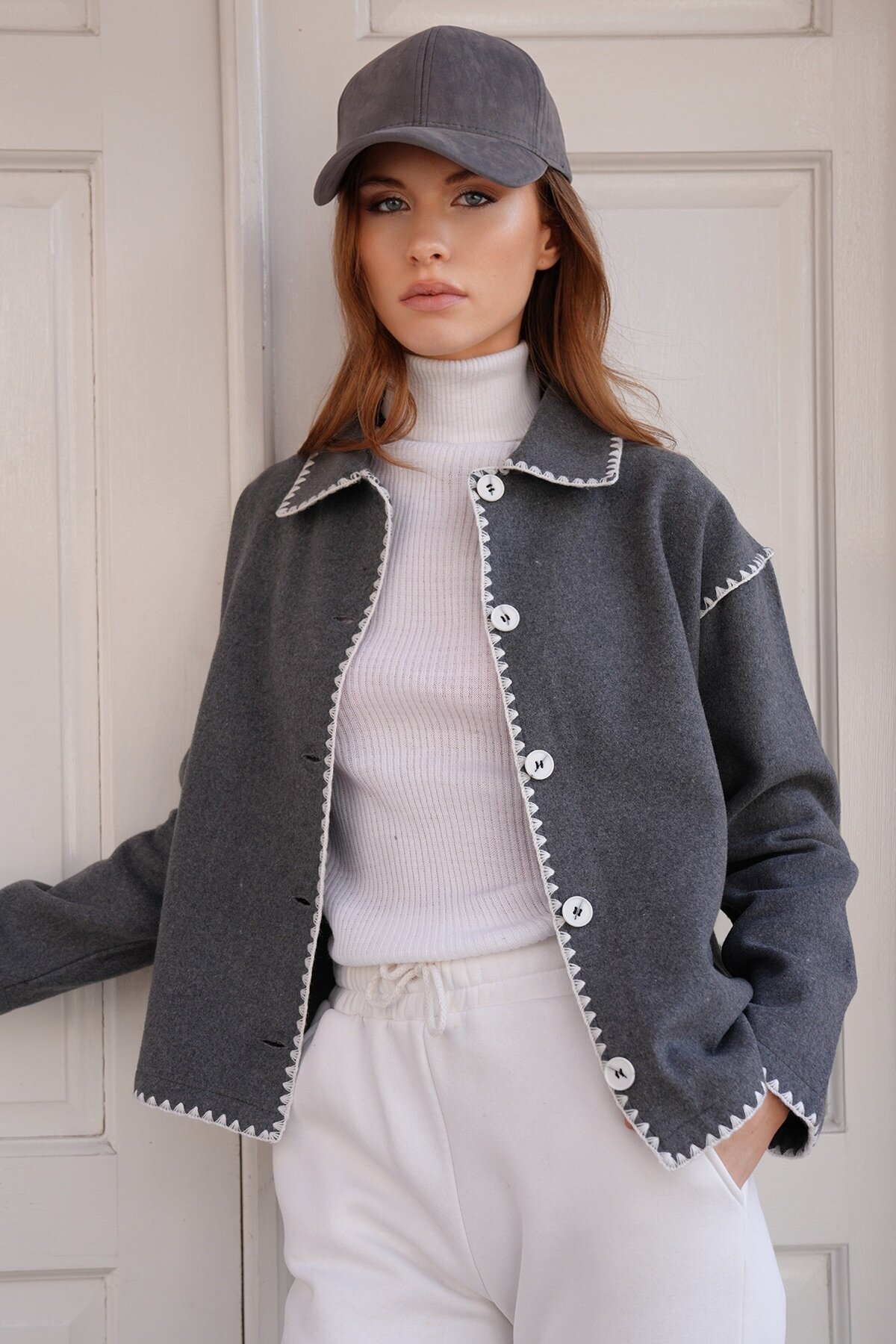 Gömlek Yaka Düğme Kapamalı Kontrast Uzun Kollu Hırka