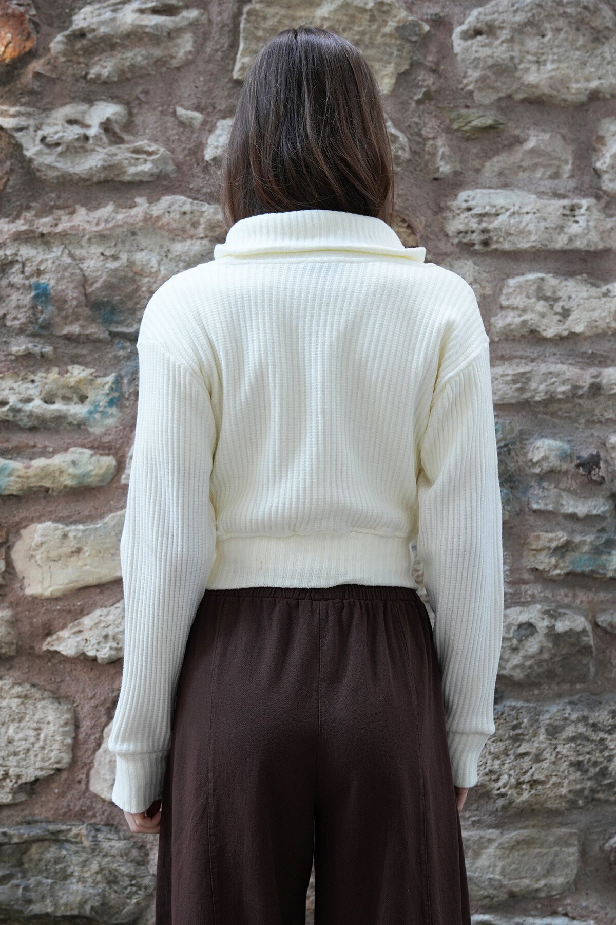 Gömlek Yaka Fermuar Kapamalı Fitilli Triko Hırka