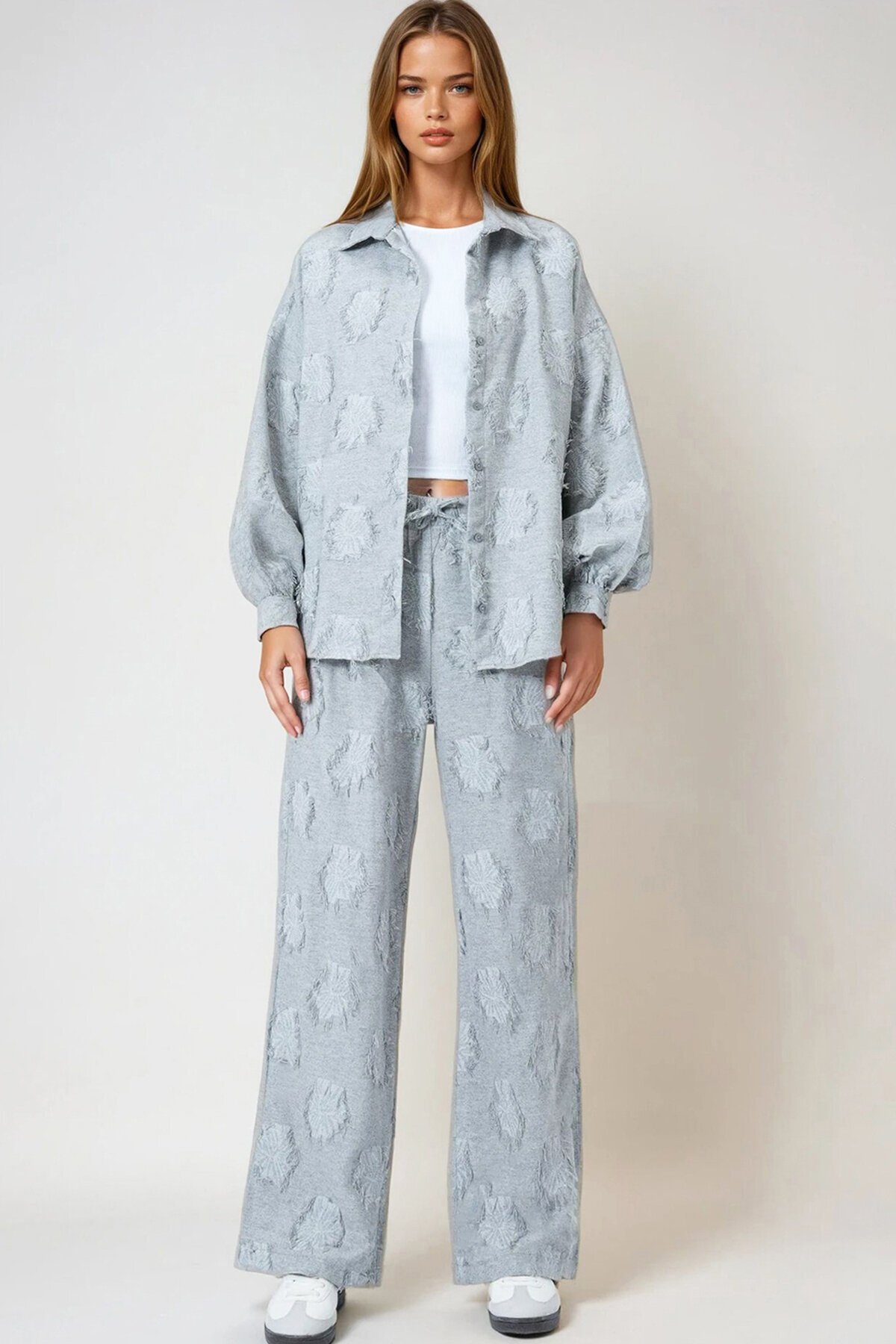 Püsküllü Oversize Gömlek Ve Beli Lastikli Pantolon Dokuma İkili Takım