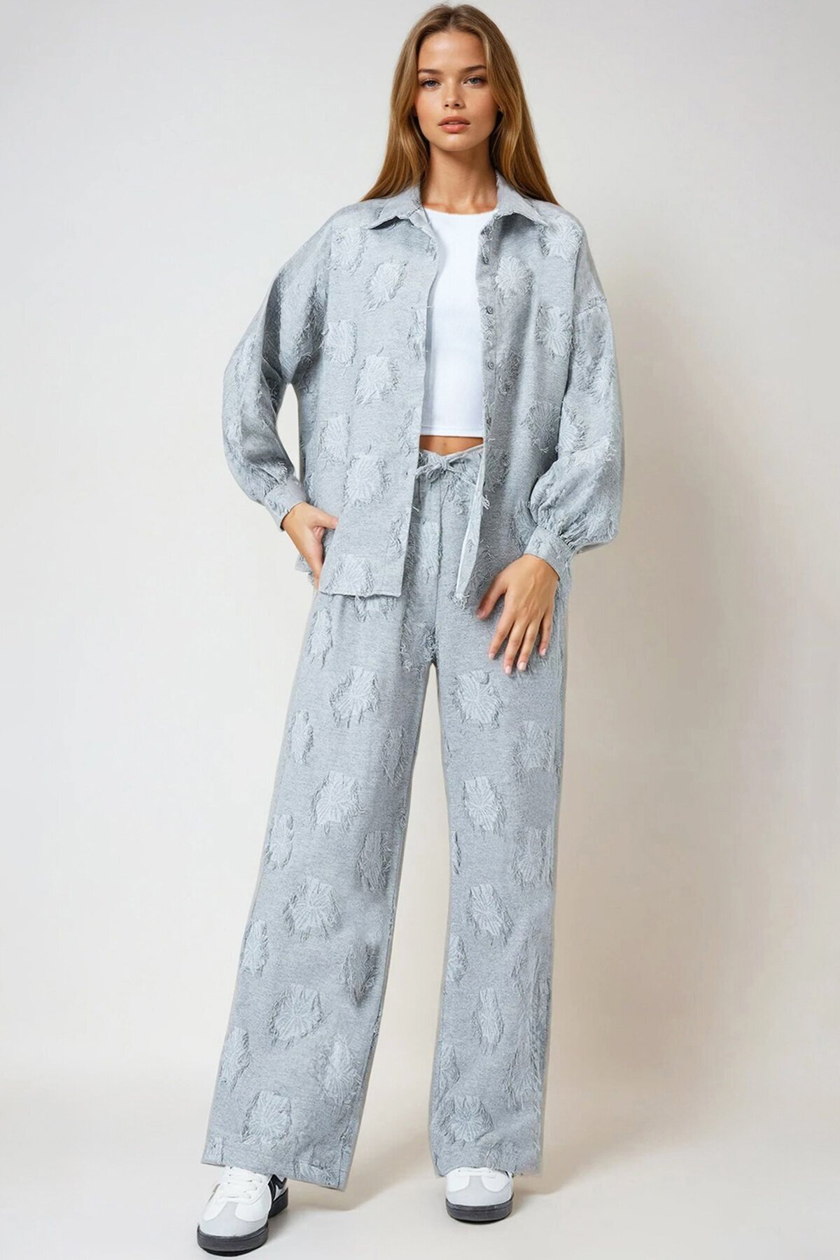 Püsküllü Oversize Gömlek Ve Beli Lastikli Pantolon Dokuma İkili Takım