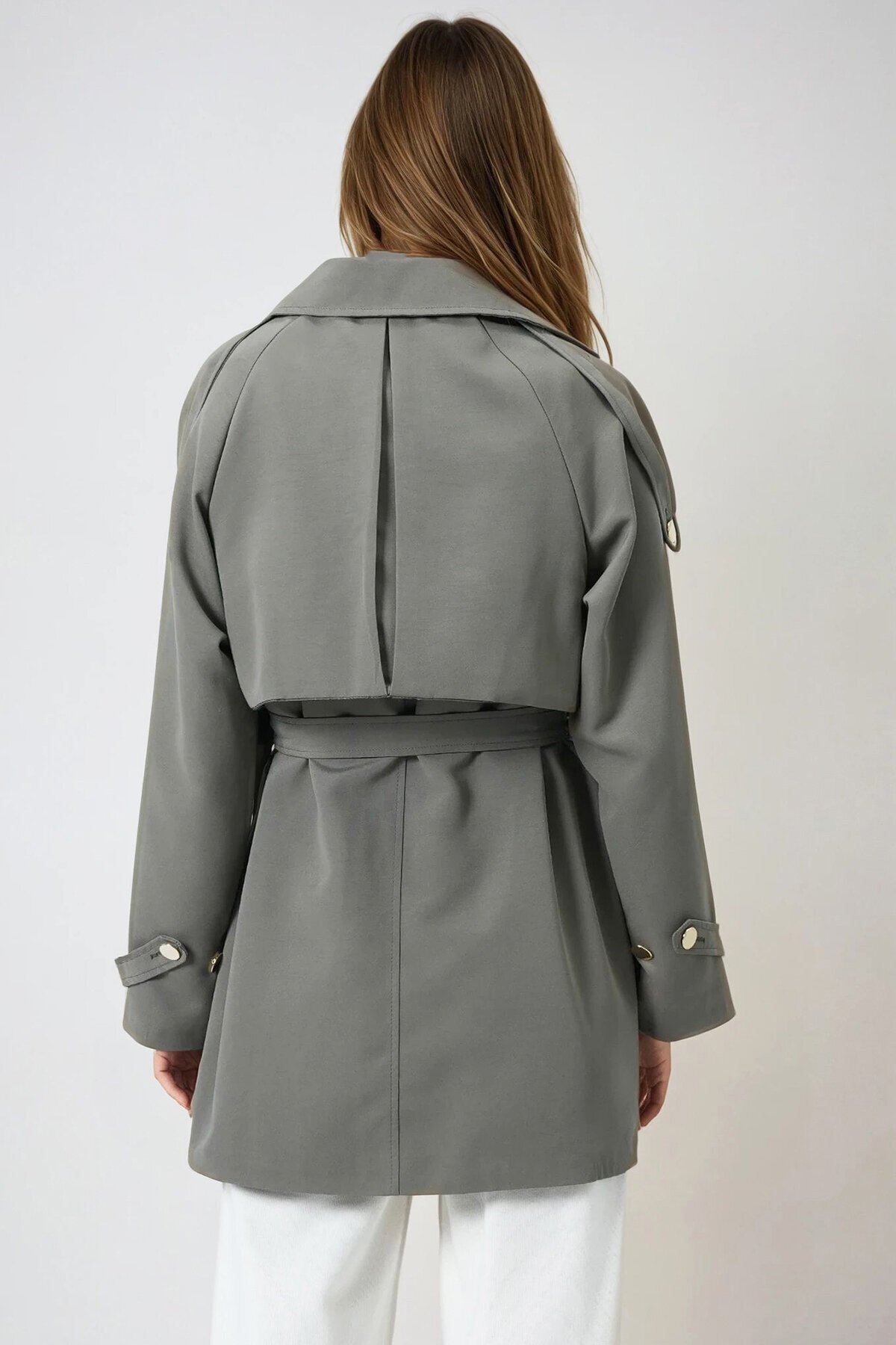 Haki Çift Cepli  Astarlı Kemerli Omuzu Ve Beli Apoletli Trençkot