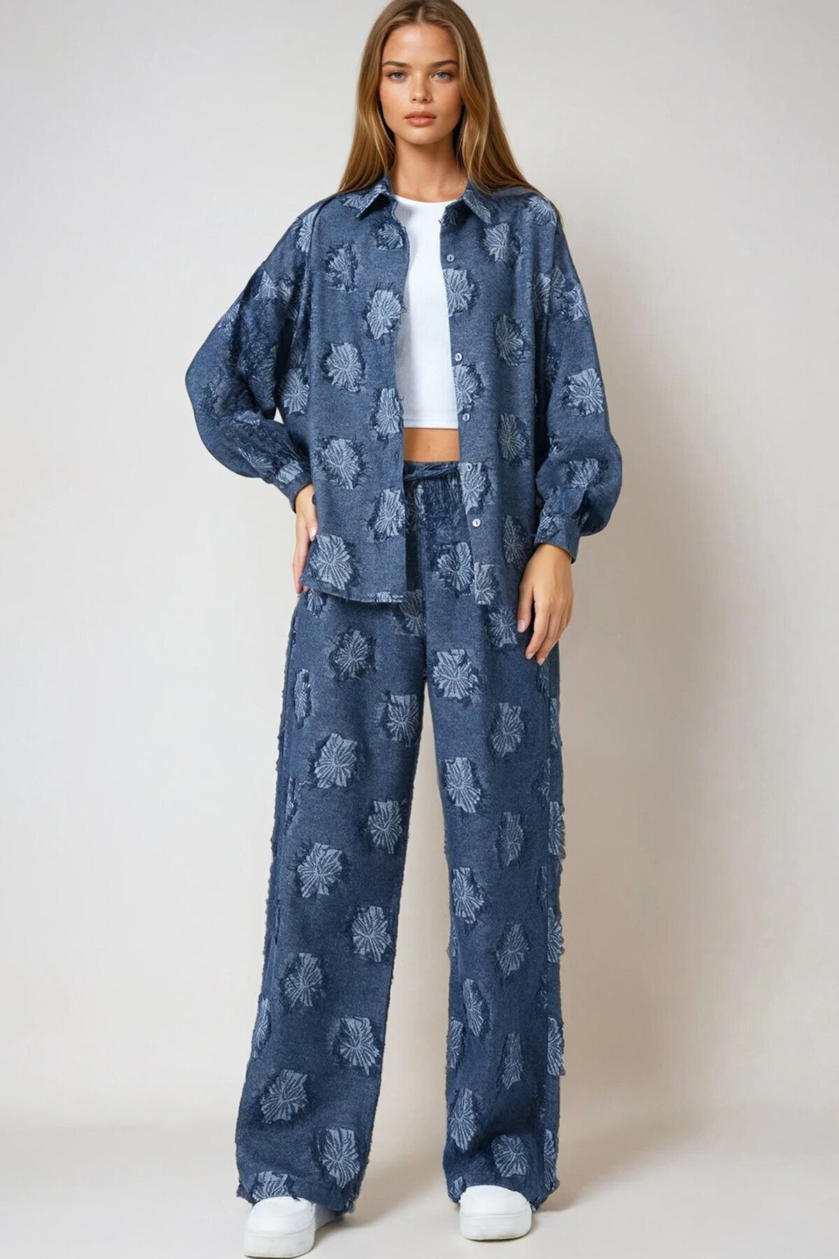 Püsküllü Oversize Gömlek Ve Beli Lastikli Pantolon Dokuma İkili Takım