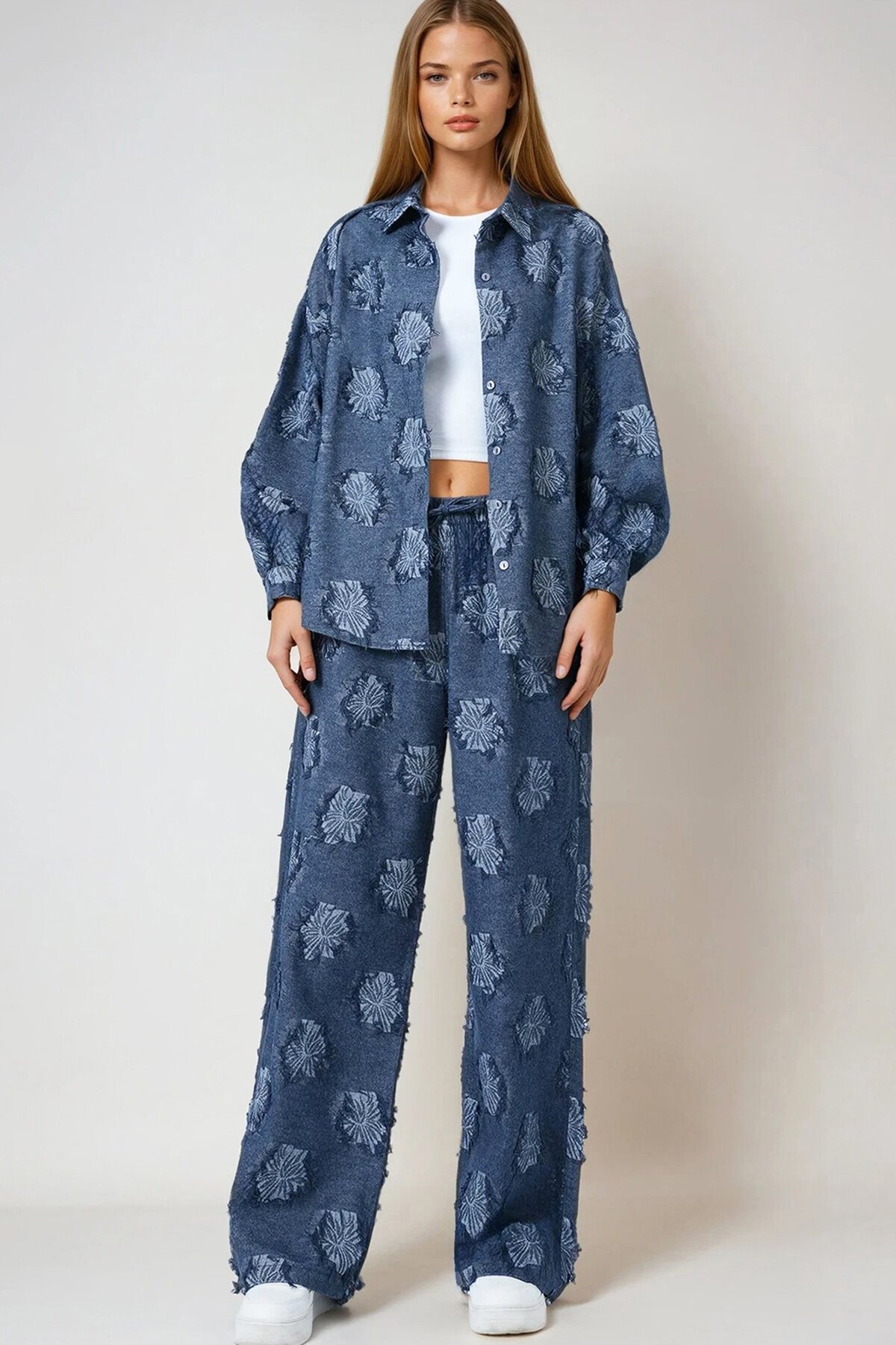 Püsküllü Oversize Gömlek Ve Beli Lastikli Pantolon Dokuma İkili Takım