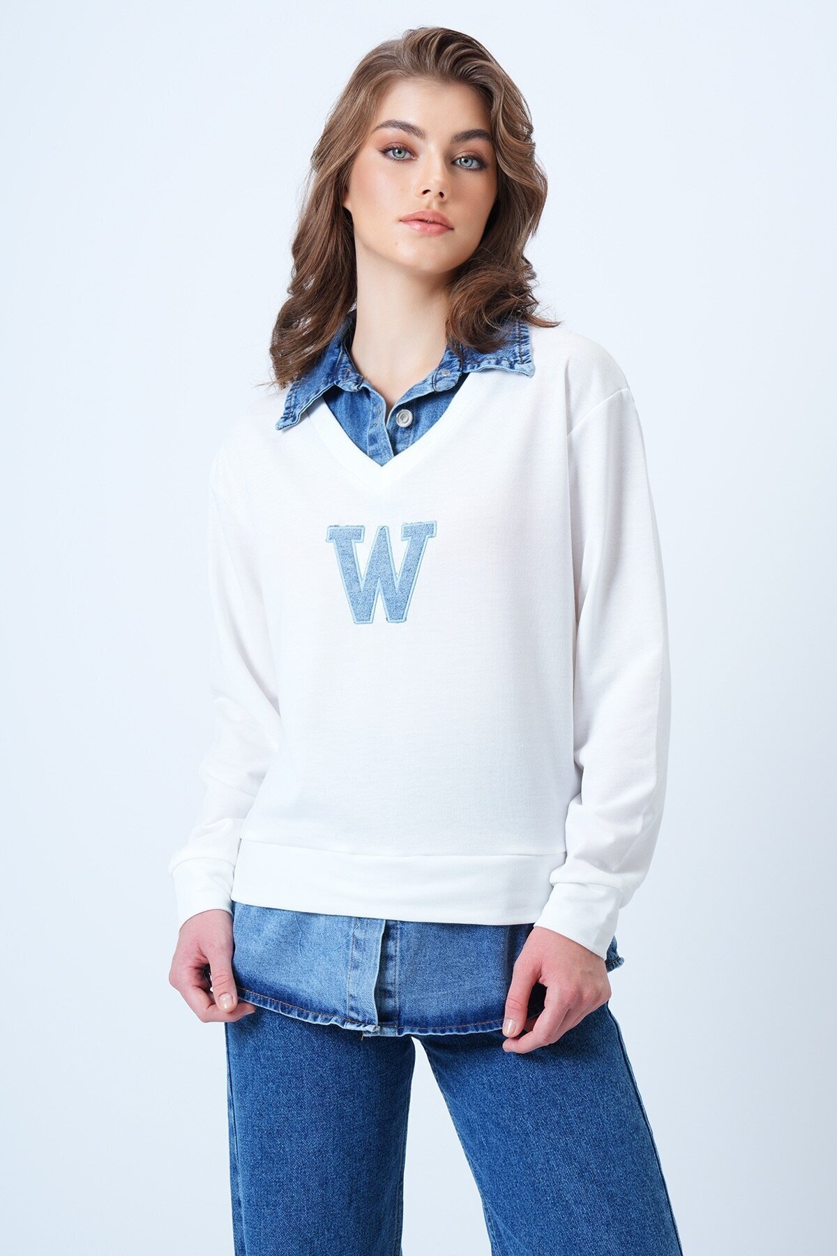 Jean Gömlek Graneli Önü Nakışlı Sweatshirt