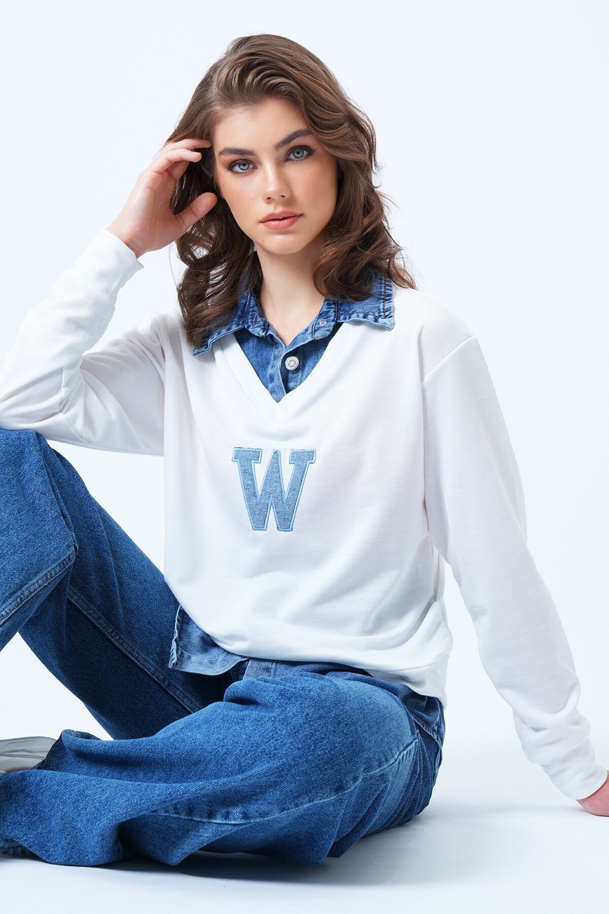 Jean Gömlek Graneli Önü Nakışlı Sweatshirt