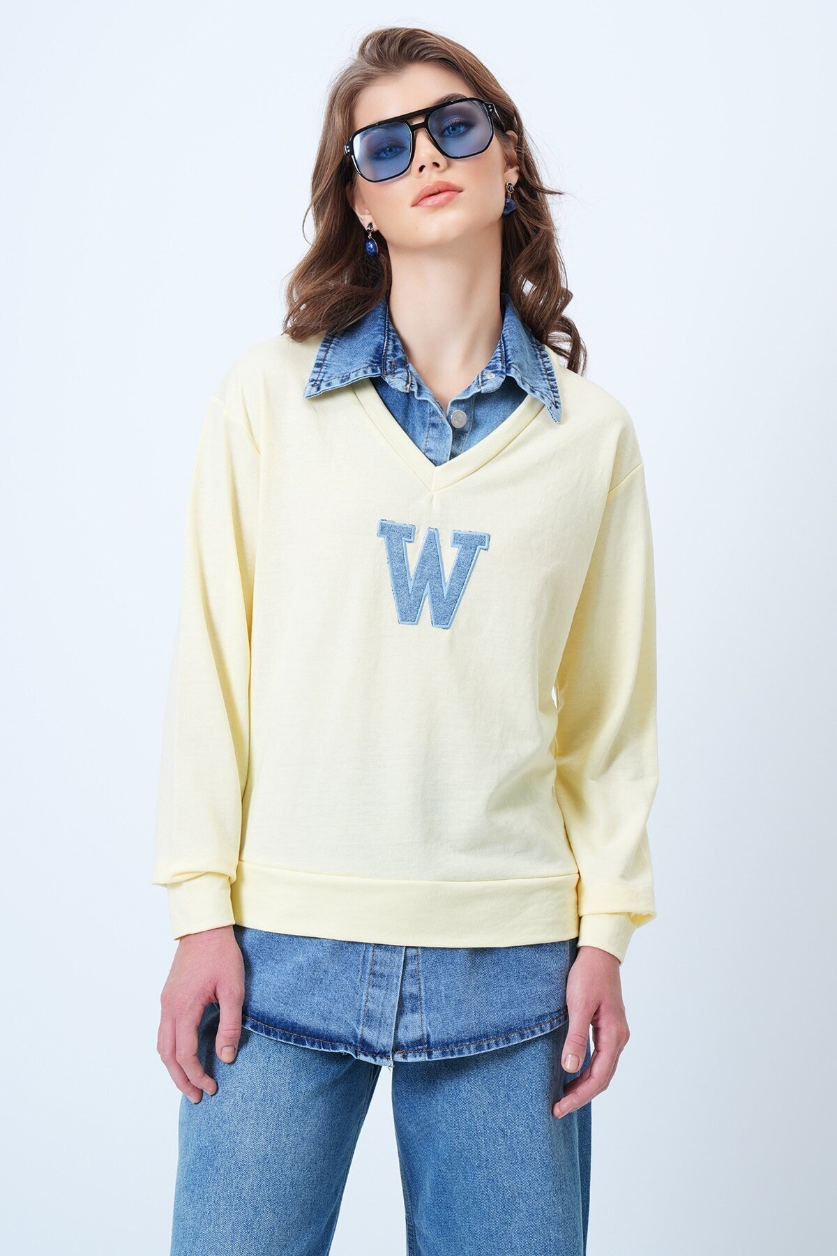 Jean Gömlek Graneli Önü Nakışlı Sweatshirt