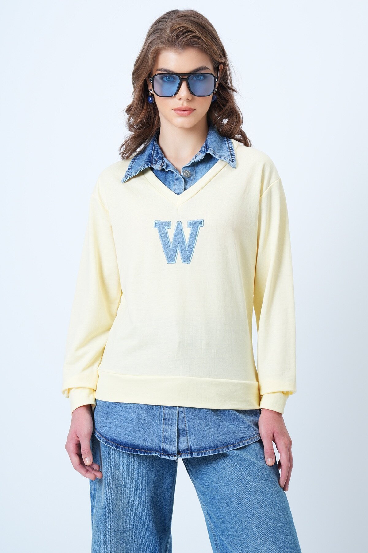 Jean Gömlek Graneli Önü Nakışlı Sweatshirt