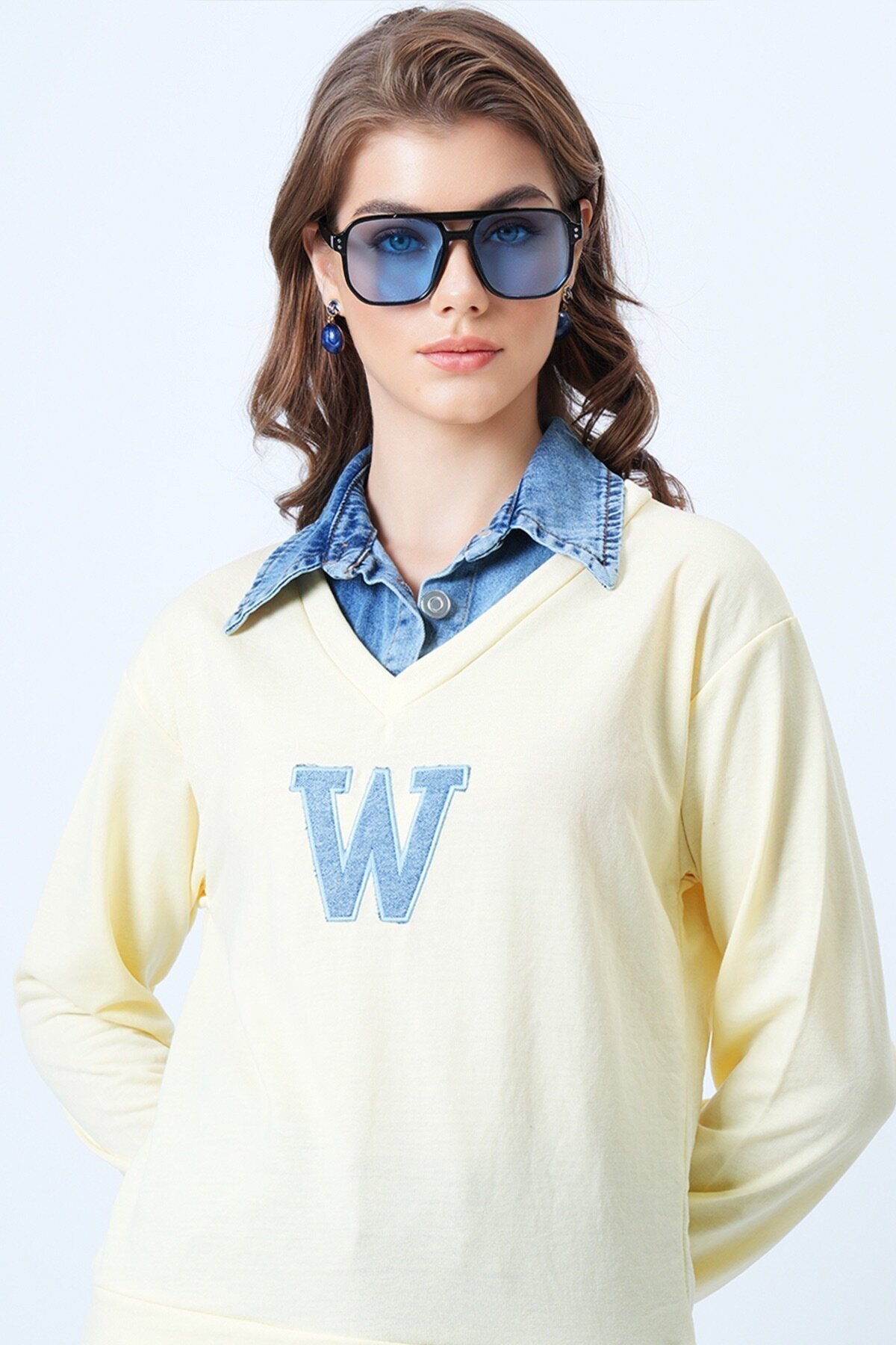 Jean Gömlek Graneli Önü Nakışlı Sweatshirt