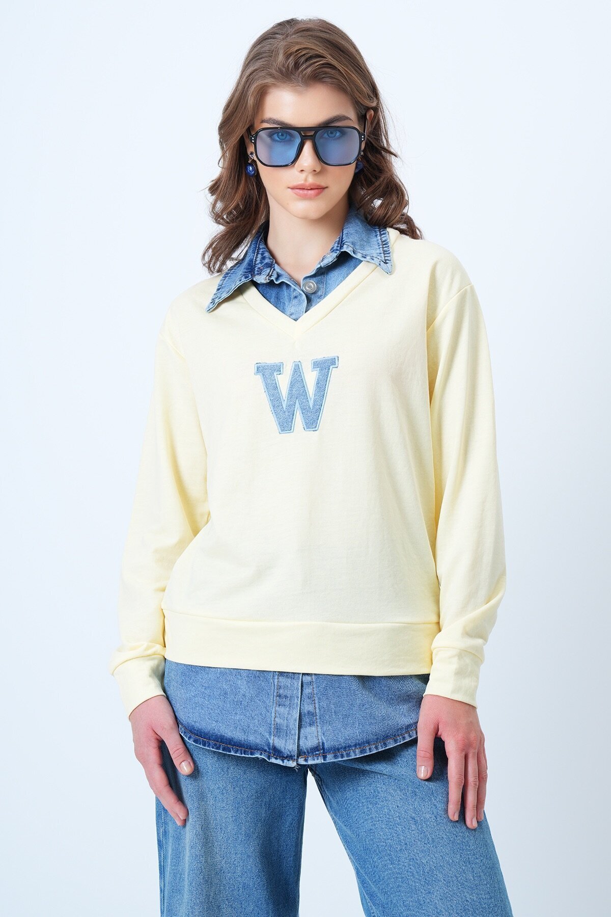 Jean Gömlek Graneli Önü Nakışlı Sweatshirt