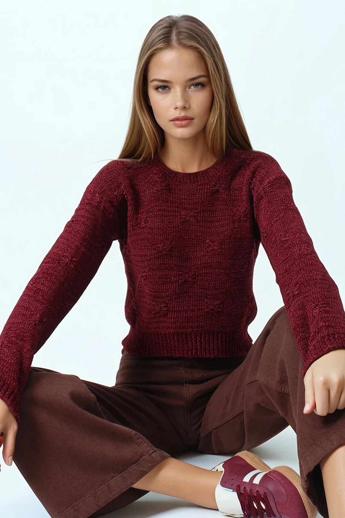 Kabartma Desenli Bisiklet Yaka Uzun Kollu Triko Kazak