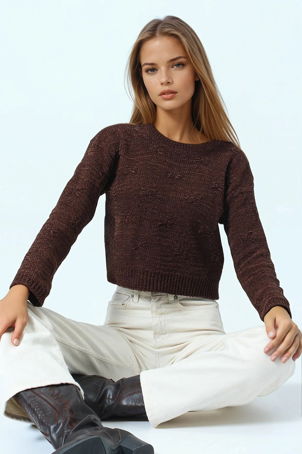 Kabartma Desenli Bisiklet Yaka Uzun Kollu Triko Kazak